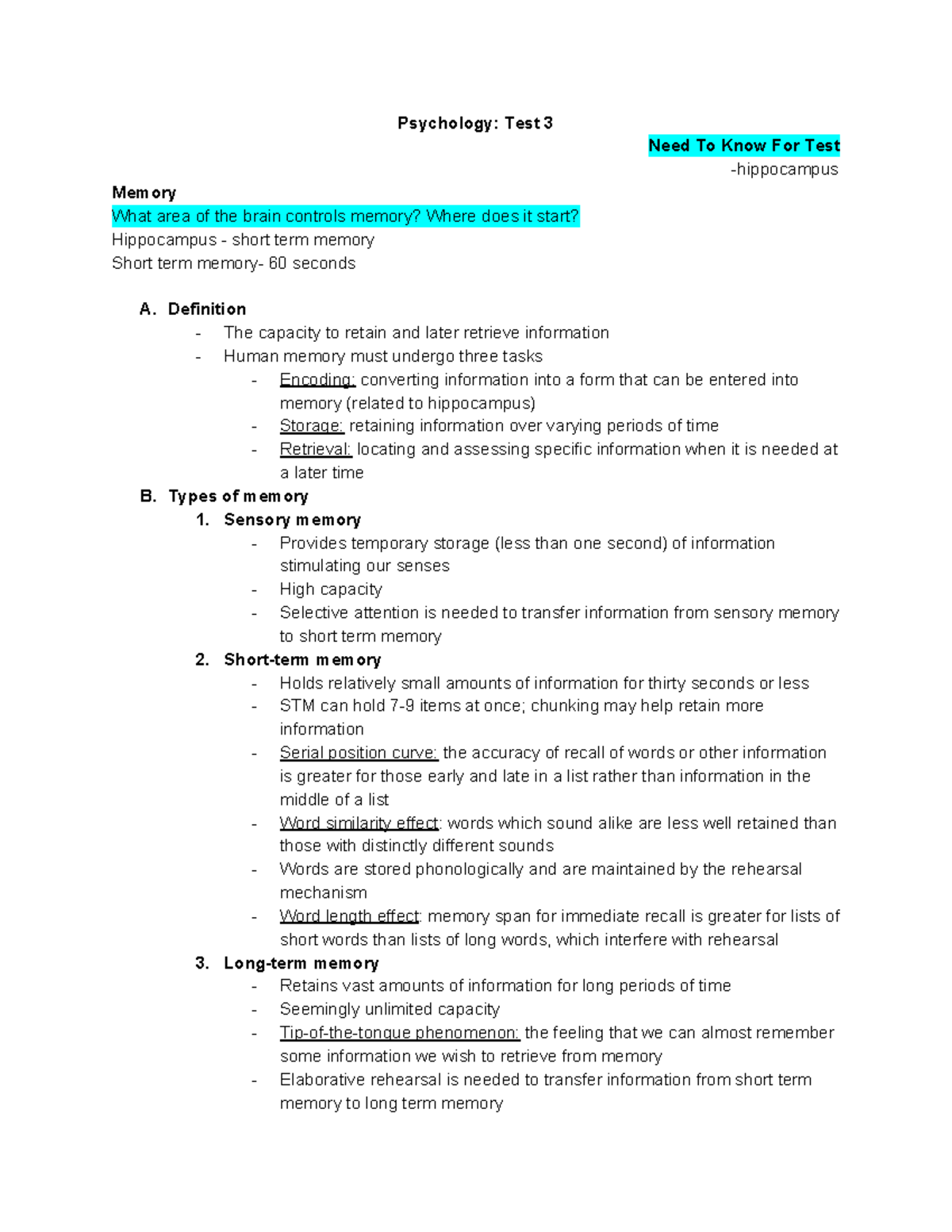 Psychology Test 3 - Lecture notes lecture notes leading up to test 3 ...