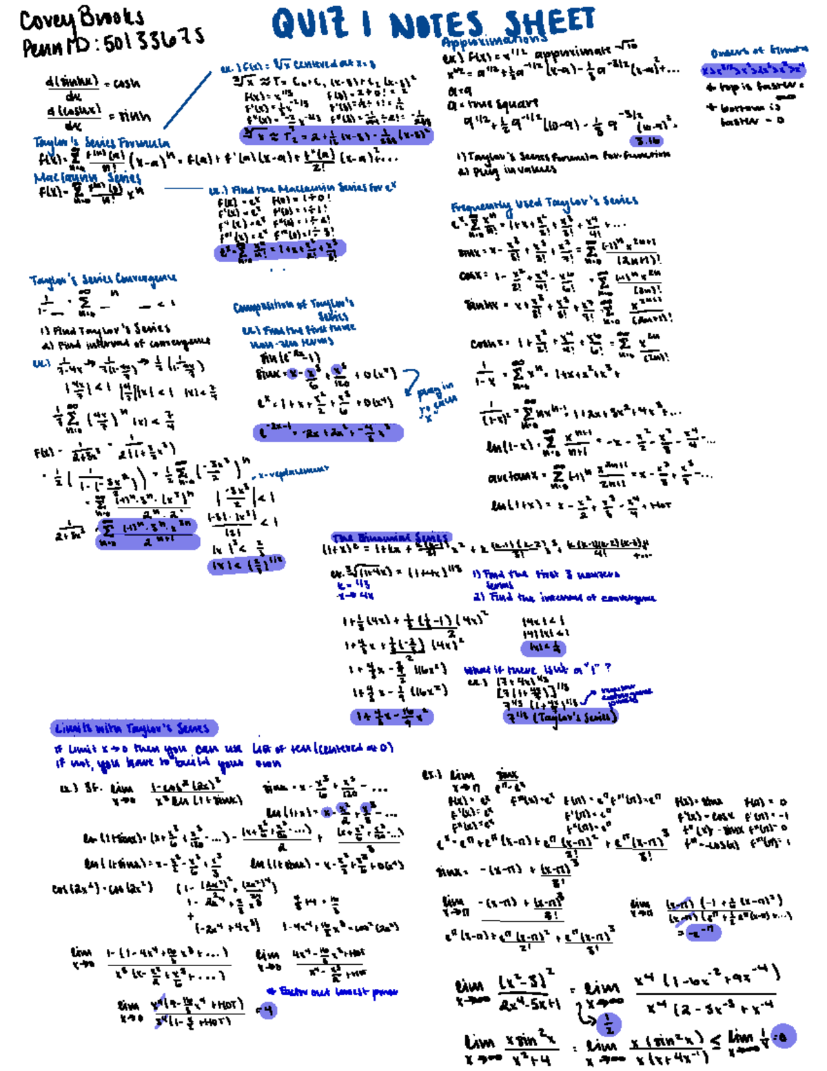 Quiz 1 Note Sheet - Covey Brooks QUIZ / NOTES SHEET Penn / D: 50133675 ...