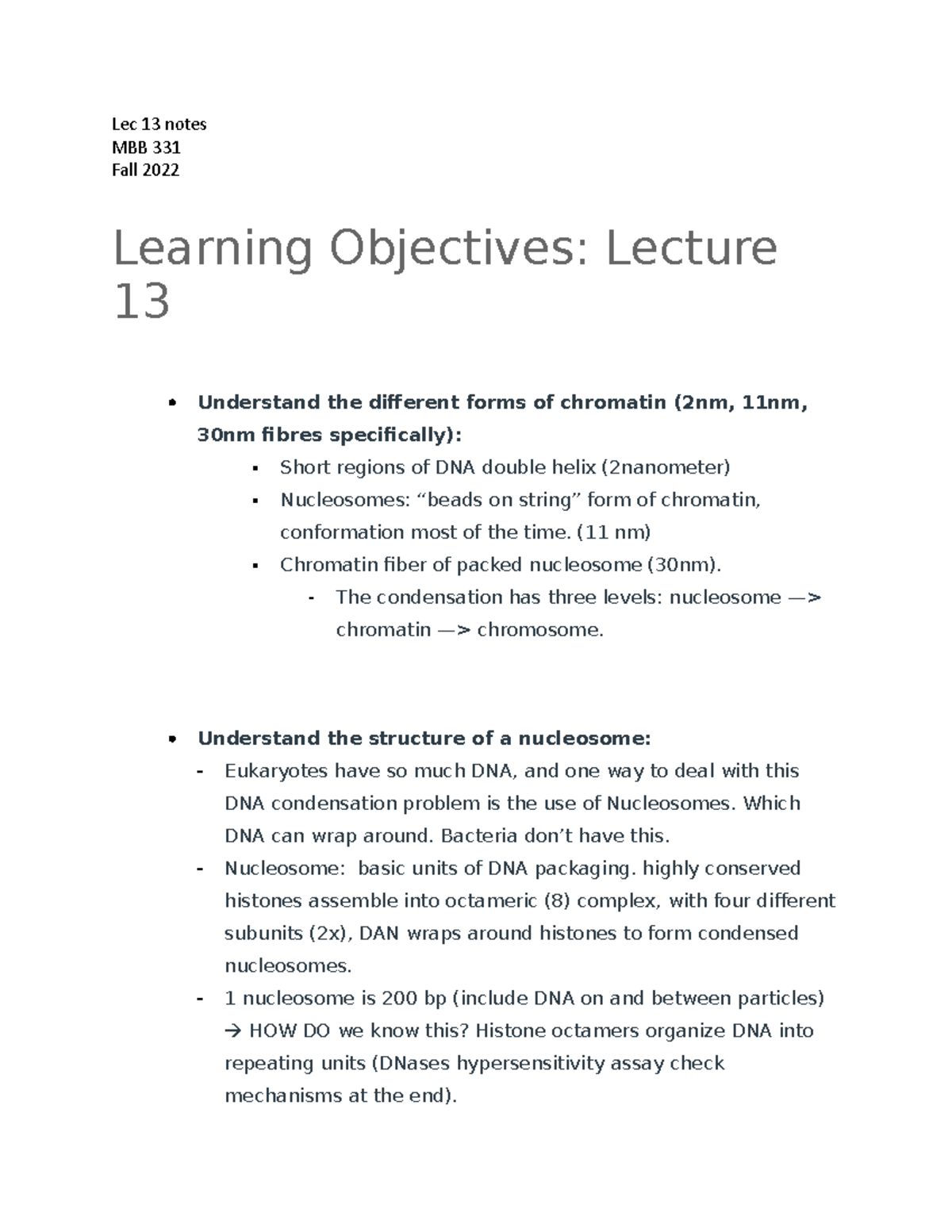 Lec 13 notes - Lec 13 notes MBB 331 Fall 2022 Learning Objectives ...