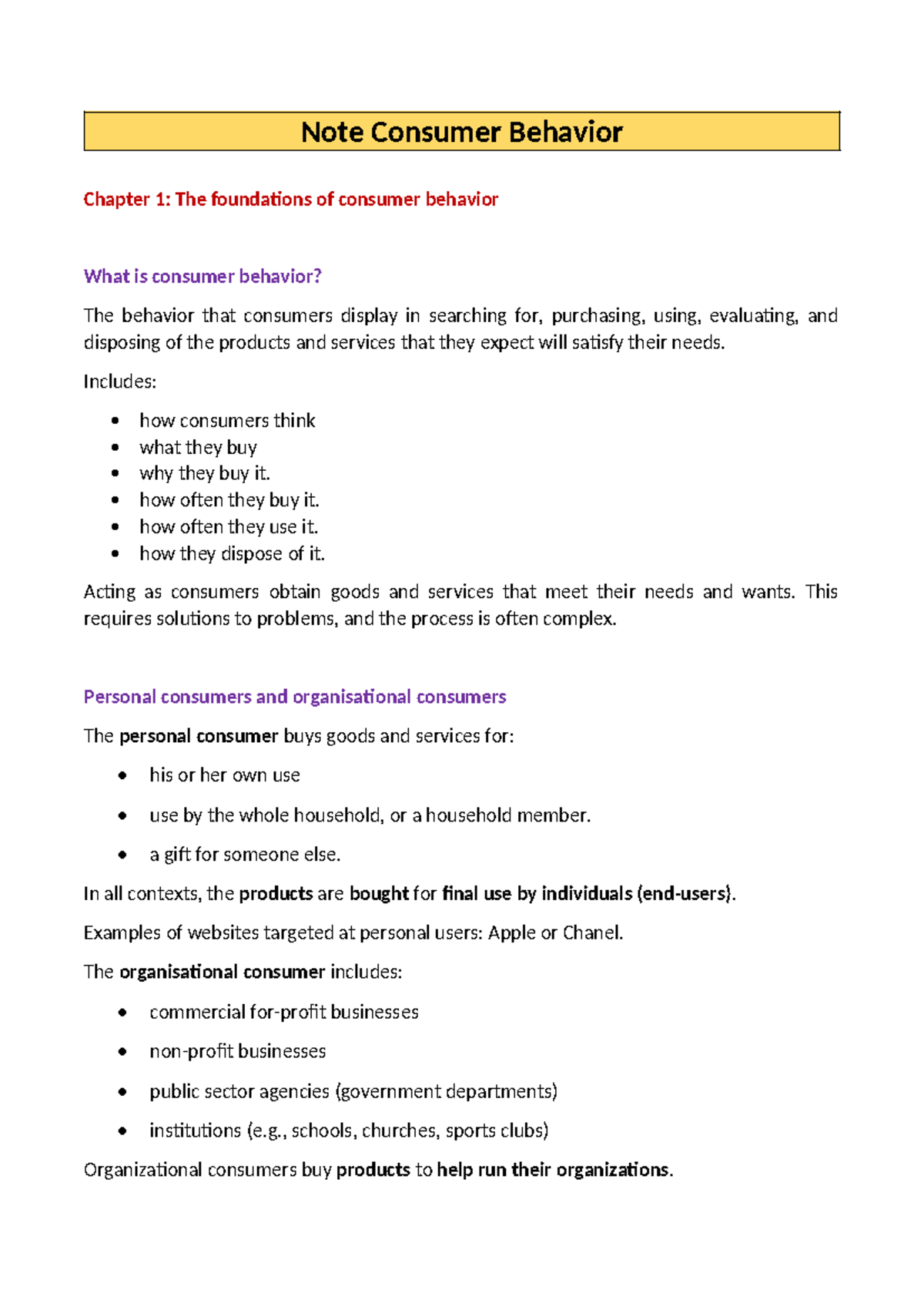 Note Consumer Behavior - Note Consumer Behavior Chapter 1: The ...