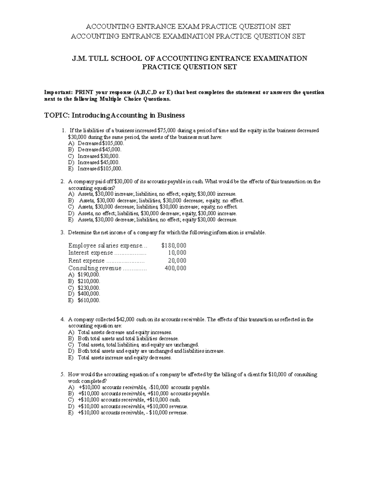 Acct 2101 Entrance Exam - Practice Questions - Accounting Entrance 