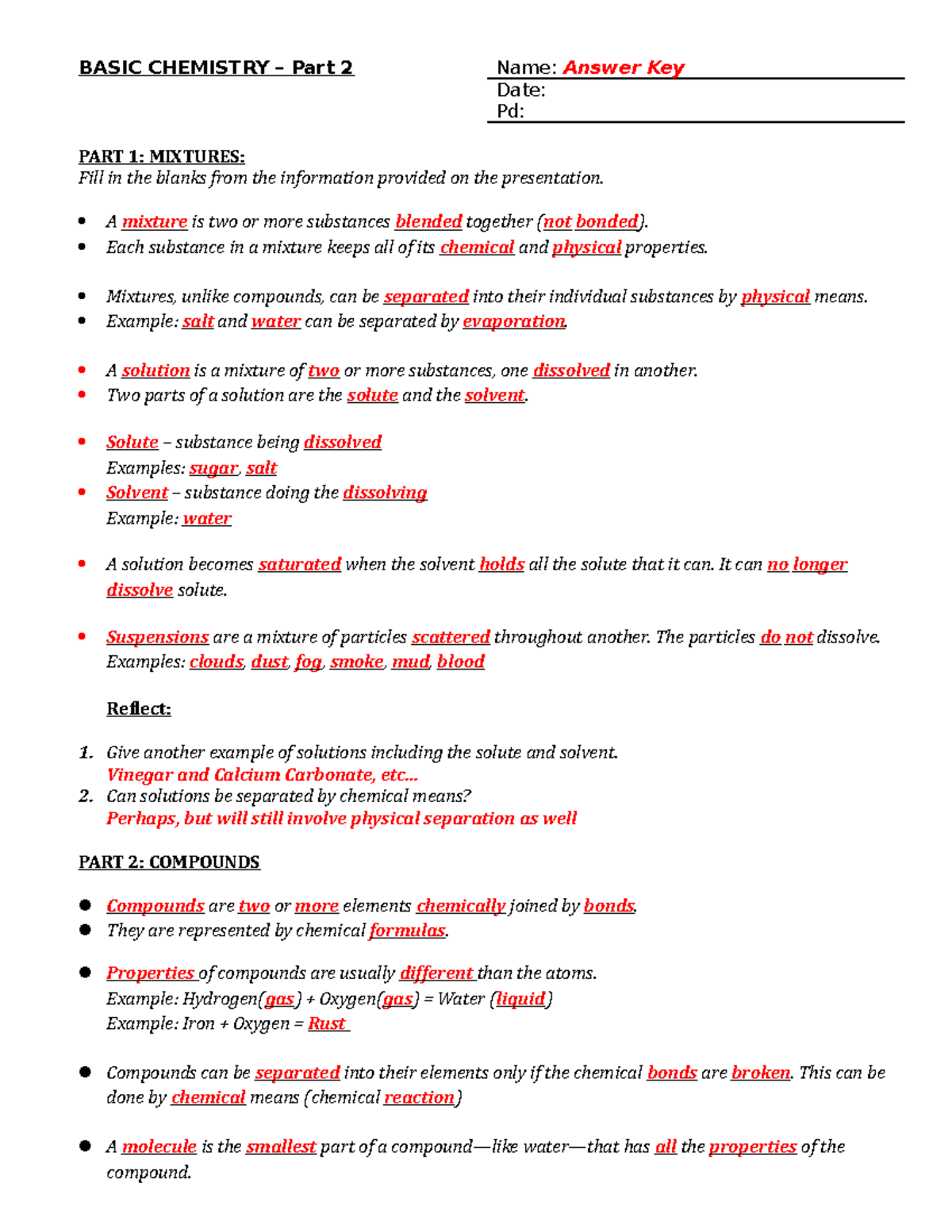 Basic Chemistry part 2 (Answer Key) - BASIC CHEMISTRY – Part 2 Name ...