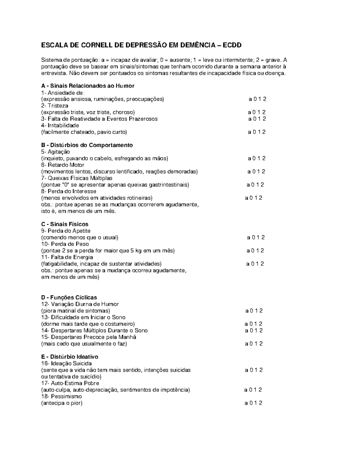 Escala DE Cornell DE Depressão EM Demência - ESCALA DE CORNELL DE ...