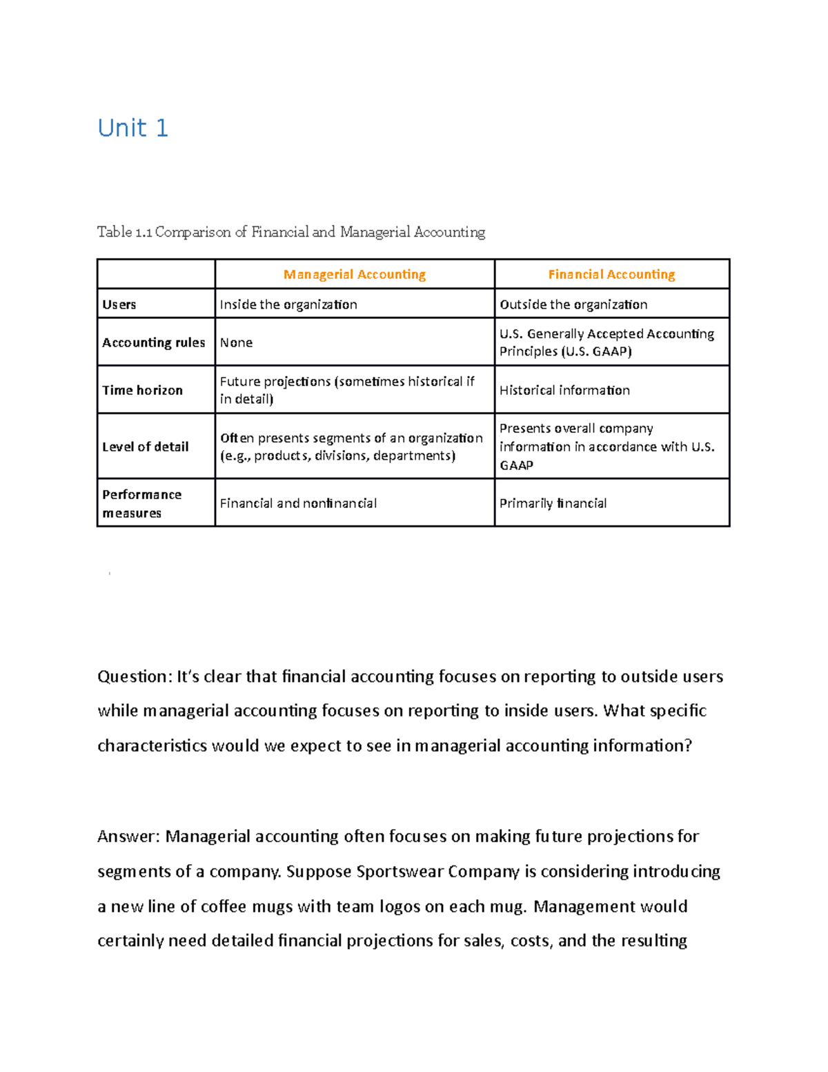 Unit 1 - Lecture Notes 1 - Unit 1 Table 1 Comparison Of Financial And ...