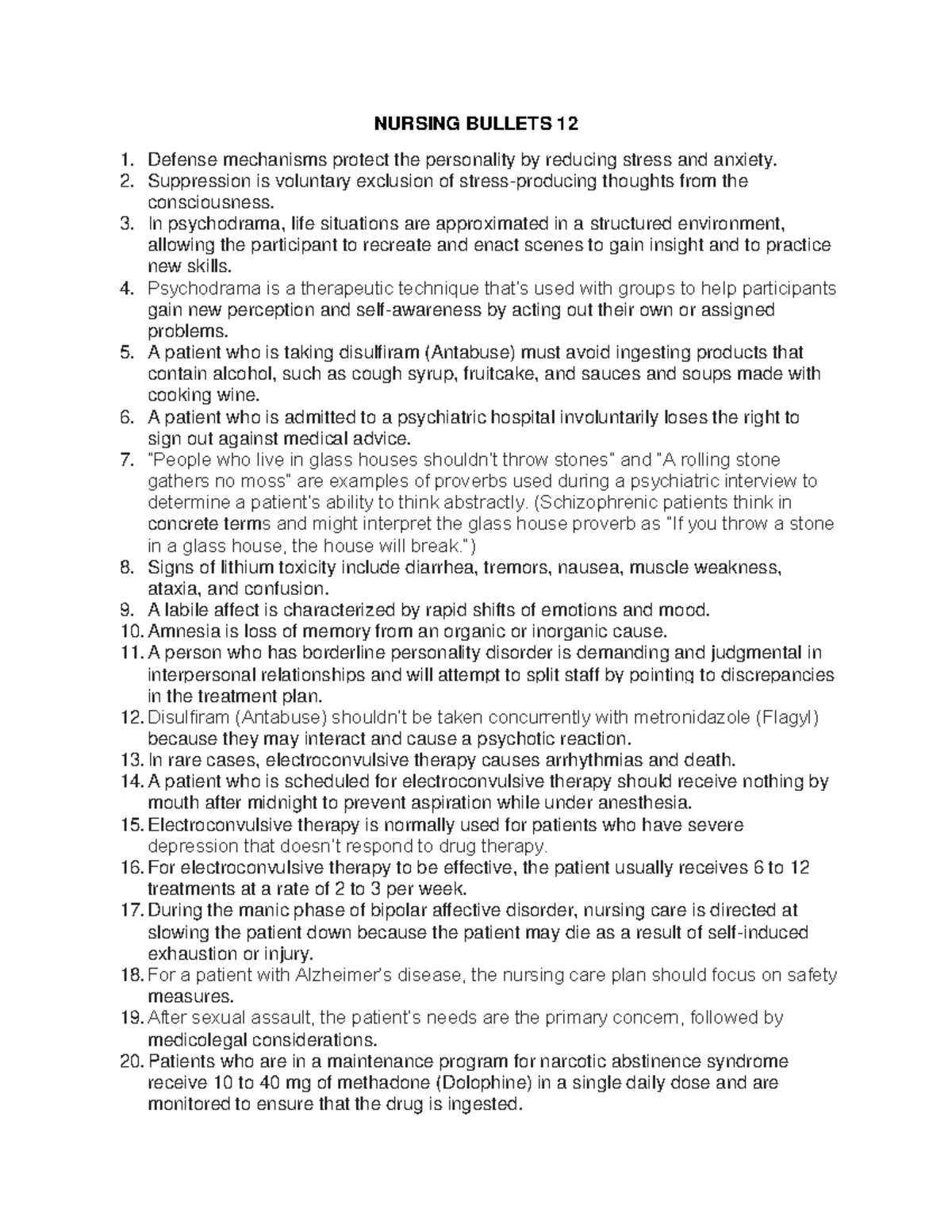 Nursing Bullets - Psychiatric Nursing - NURSING BULLETS 12 Defense ...
