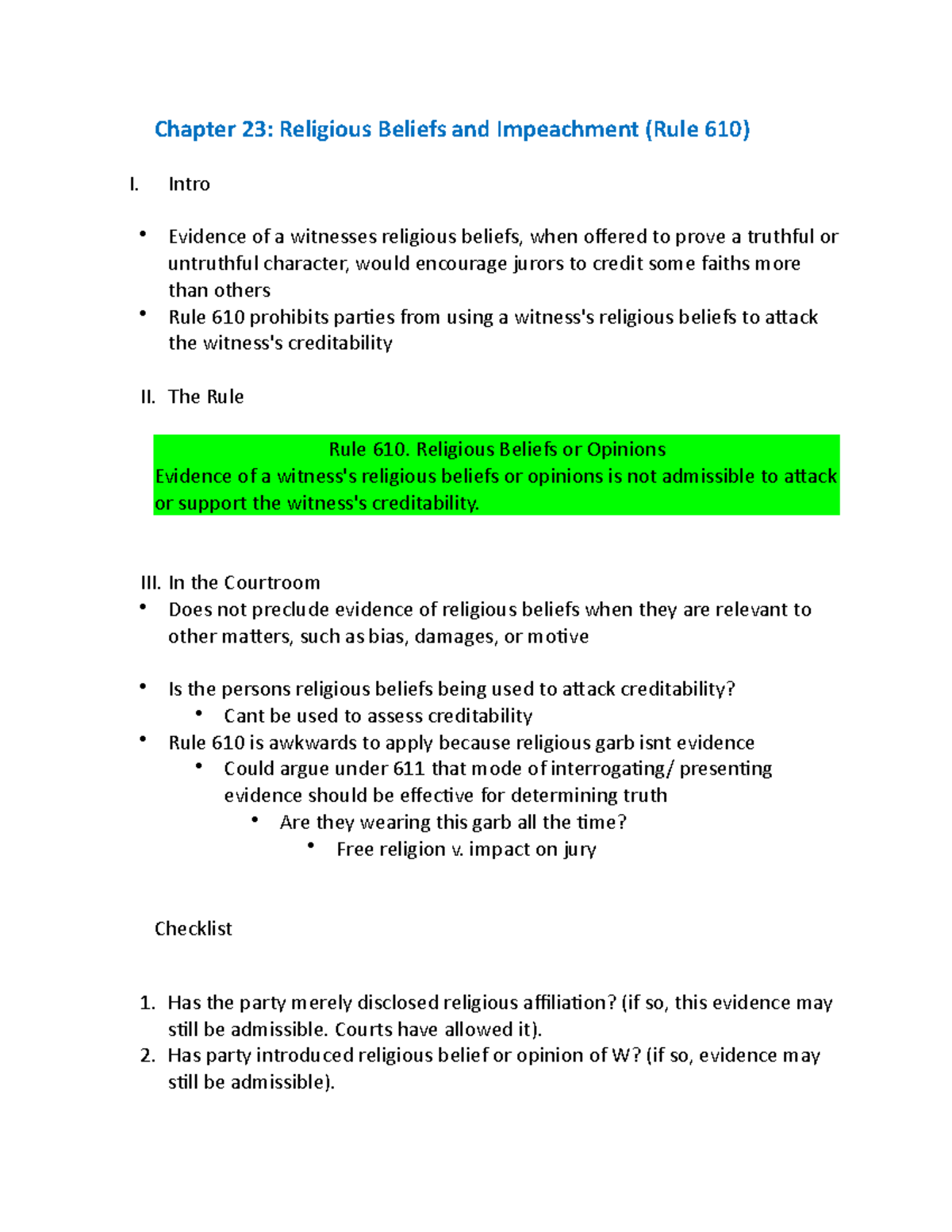 Rule 610 chapter 23 - Chapter 23: Religious Beliefs and Impeachment ...