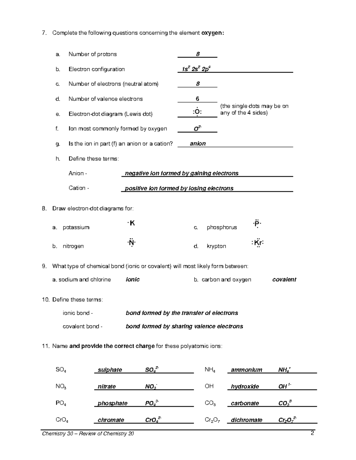 Basic chem review answers 2 - Complete the following questions ...