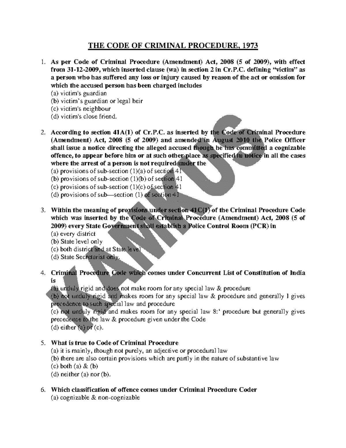 CRPC-MCQs - ASD - THE CODE OF CRIMINAL PROCEDURE, 1973 As per Code of ...