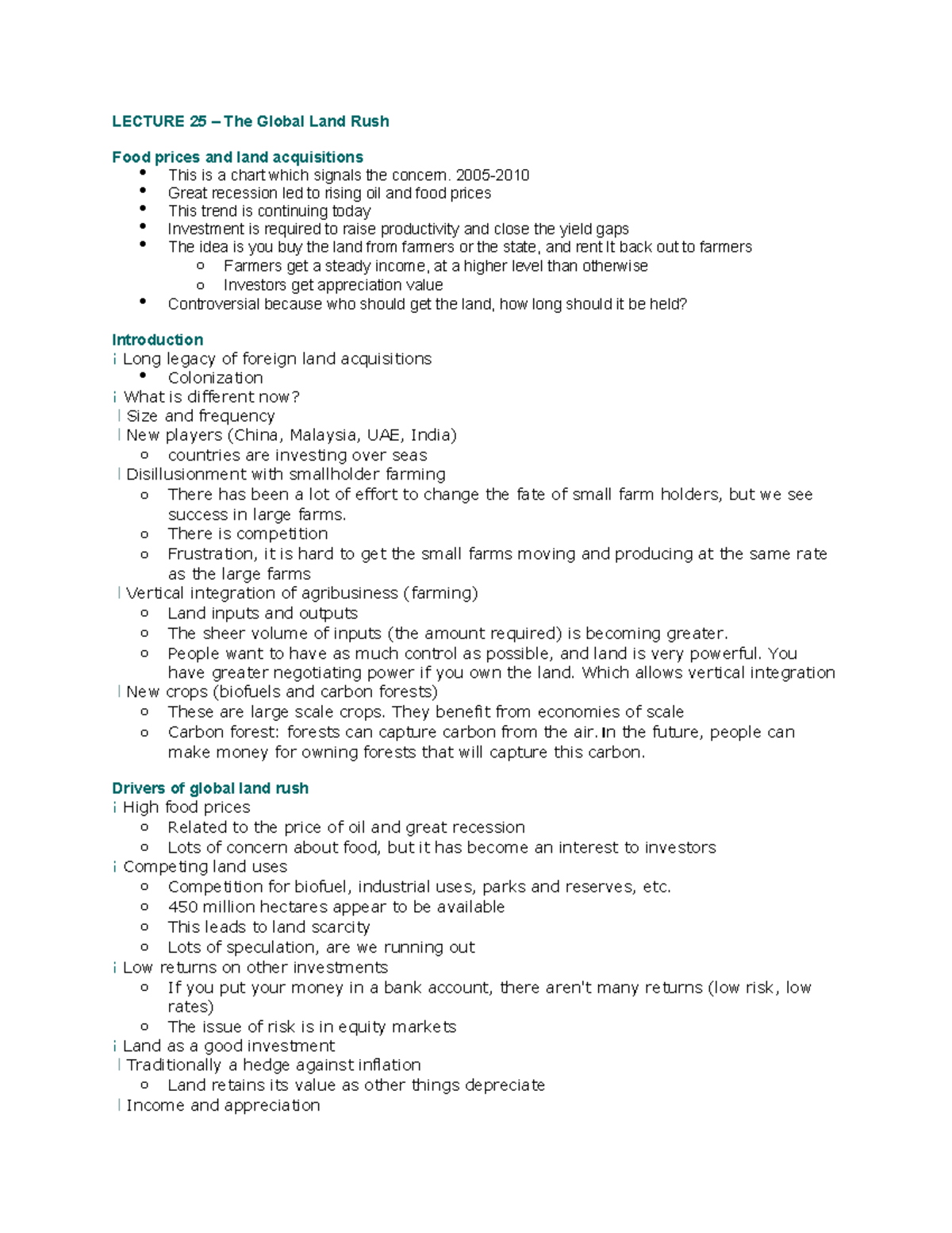 Lecture 25 LECTURE 25 The Global Land Rush Food prices and land