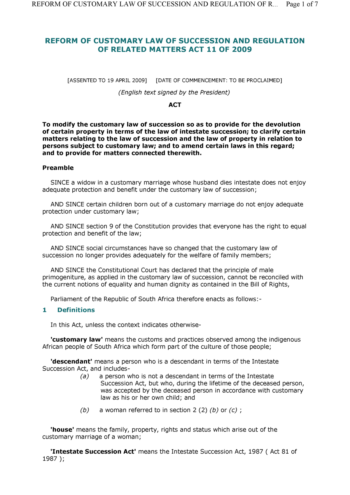 Reform Of Customary Law Of Intestate Act Law Of SUCCESSION REFORM OF 