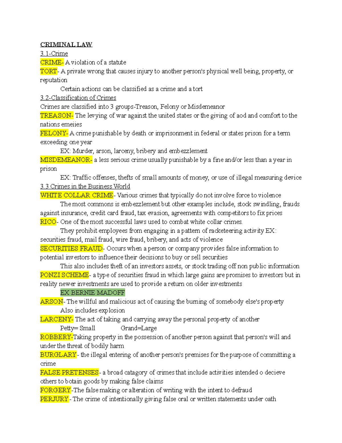 Chapter 3 Notes CRIMINAL LAW 3Crime CRIME A violation of a statute