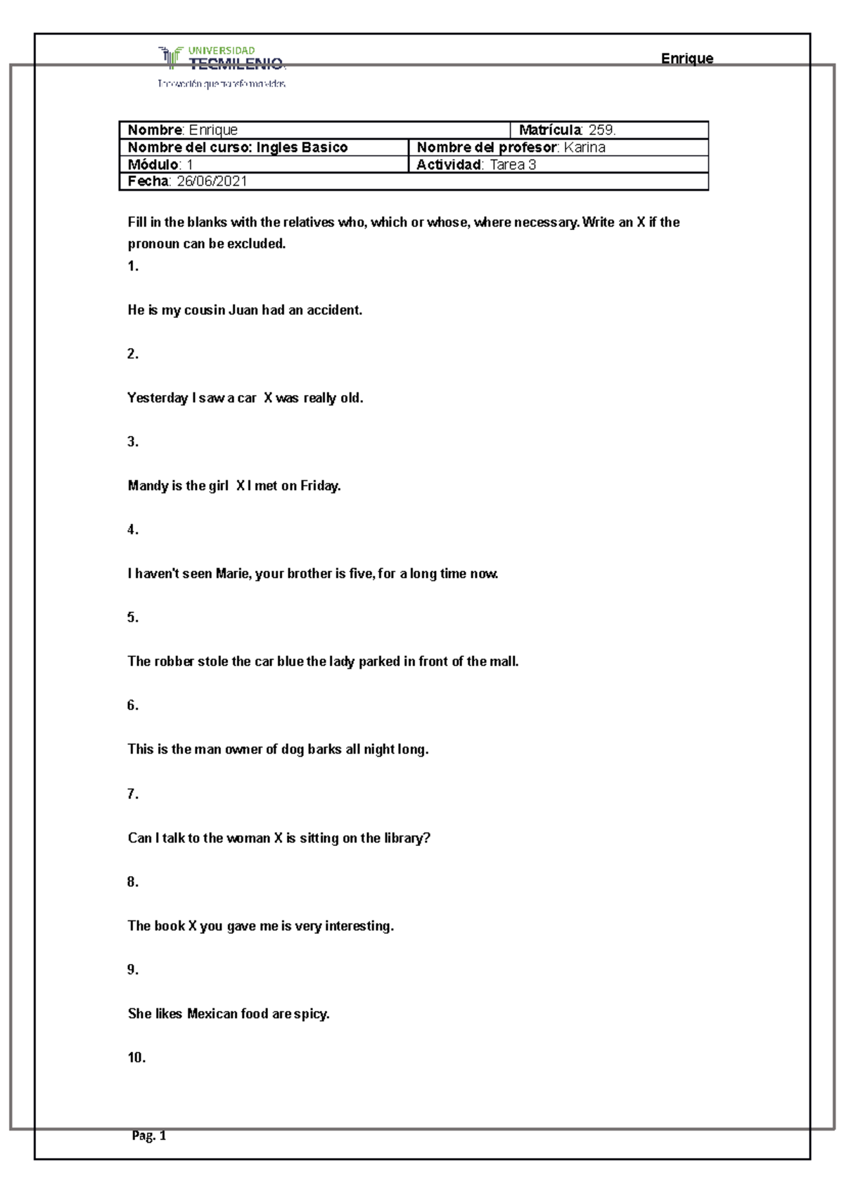 Tarea 3 260620211251 7 - Ingles basico - TecMilenio - Studocu
