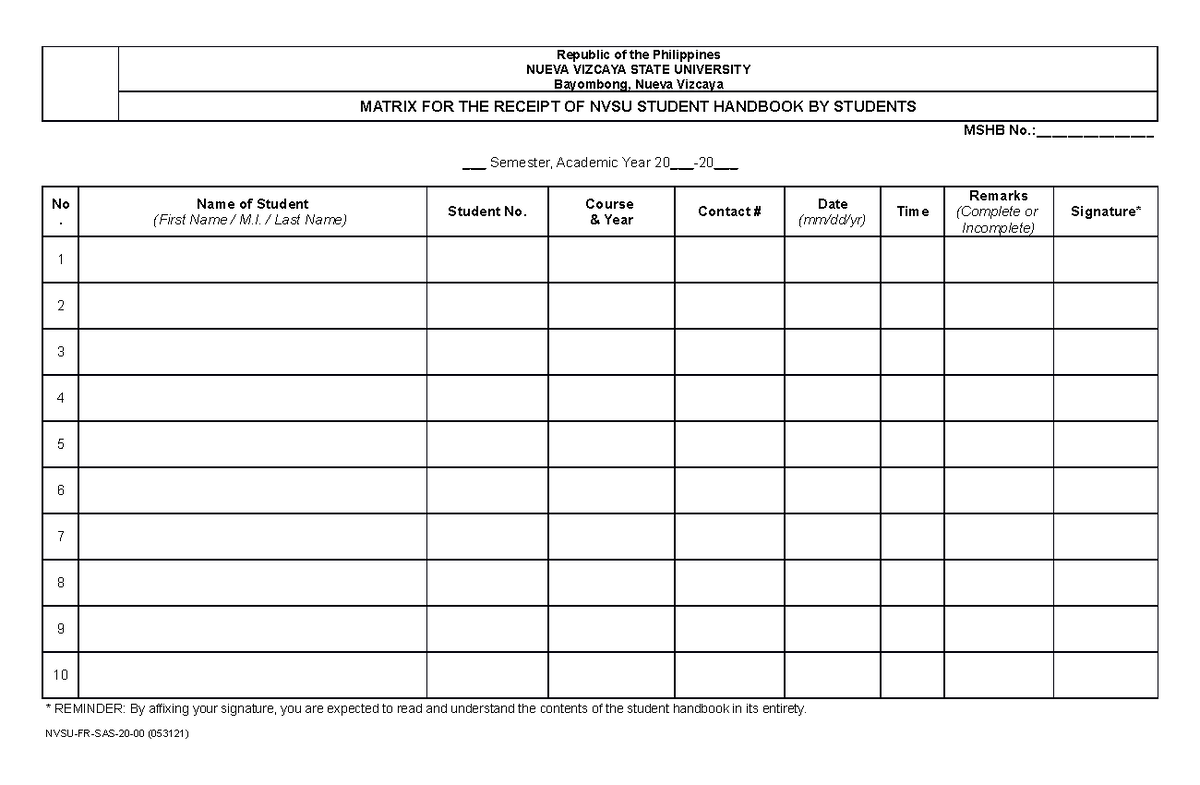 NVSU SAS FR 20 00 Matrix FOR THE Receipt OF NVSU Student Handbook BY ...