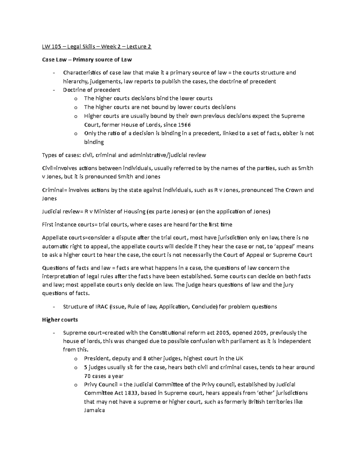 LS Lecture 2 Primary sources of law Case law LW 105 Legal Skills Week 2 Lecture 2