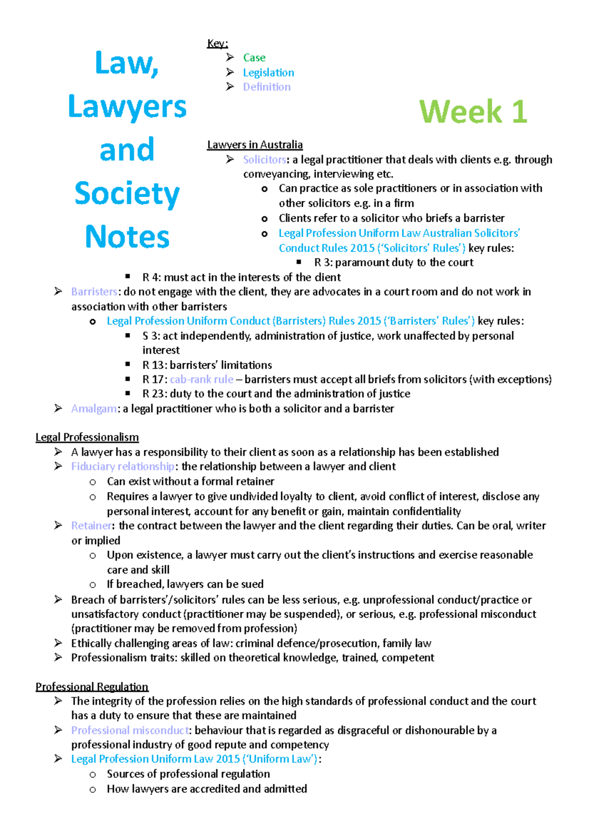 LAWS1100 Lecture Notes Wk110 Key Case Legislation Definition