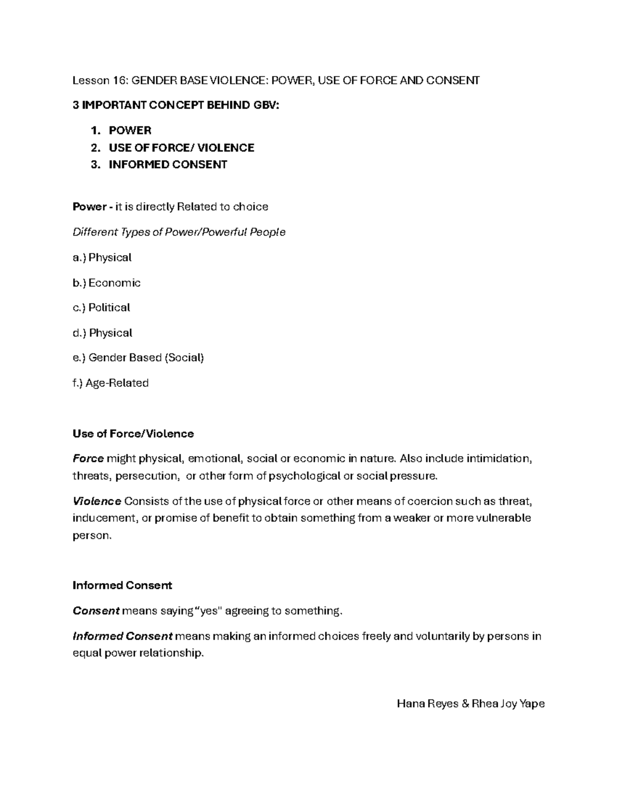 Lesson 16 - Lesson 16: GENDER BASE VIOLENCE: POWER, USE OF FORCE AND ...