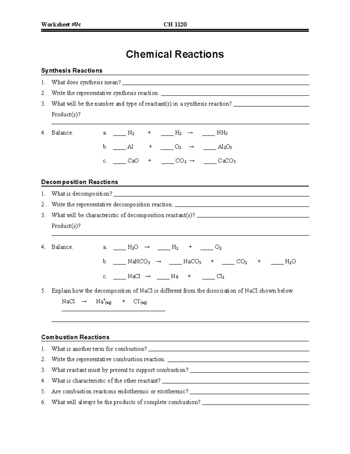 Worksheet #9c - Chemical Reactions - Worksheet #9c CH 1120 Chemical ...