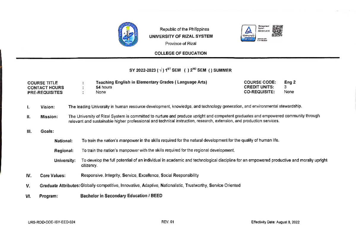 Teaching English in Elementary Grades syllabus - Management Republic of ...