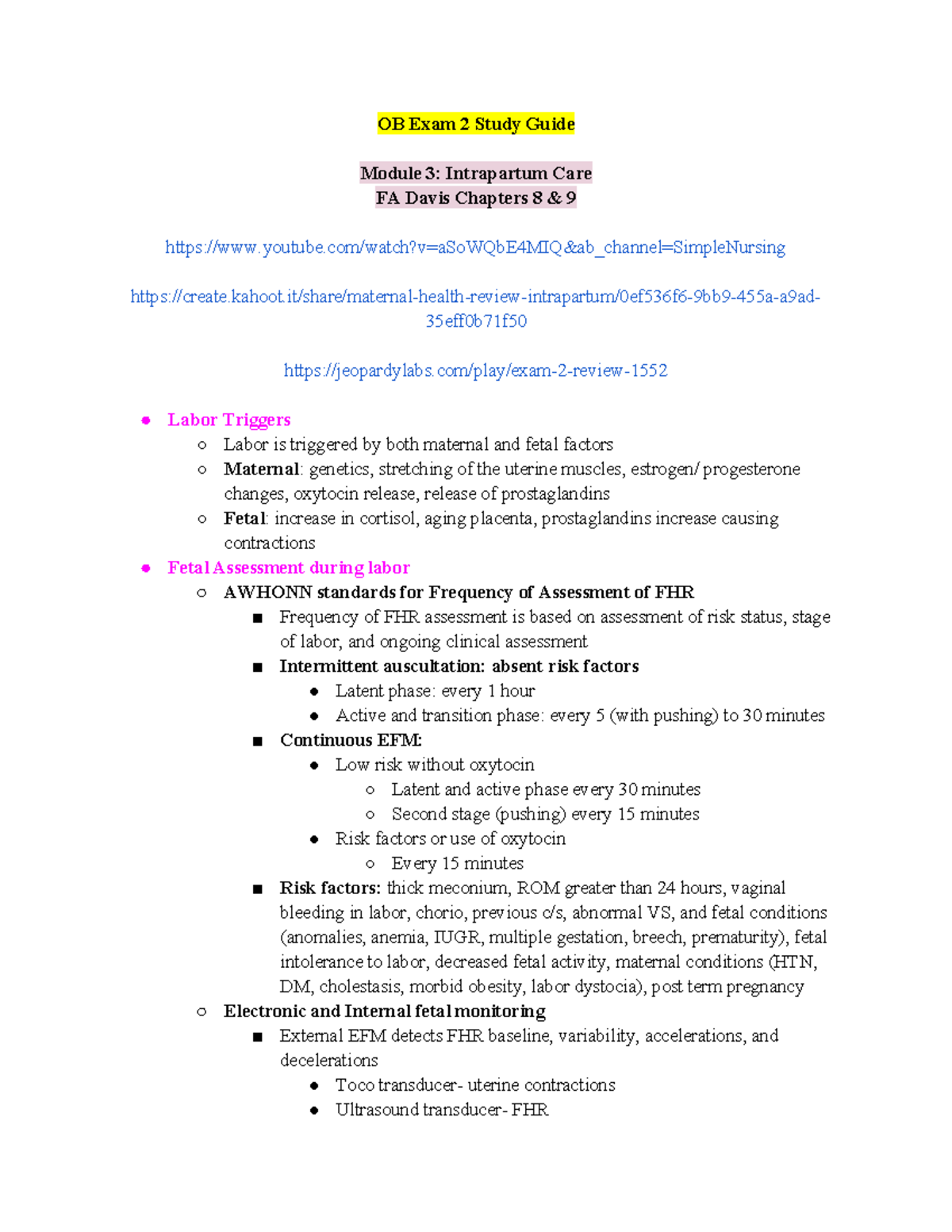OB Exam 2 Study Guide - OB Exam 2 Study Guide Module 3: Intrapartum ...