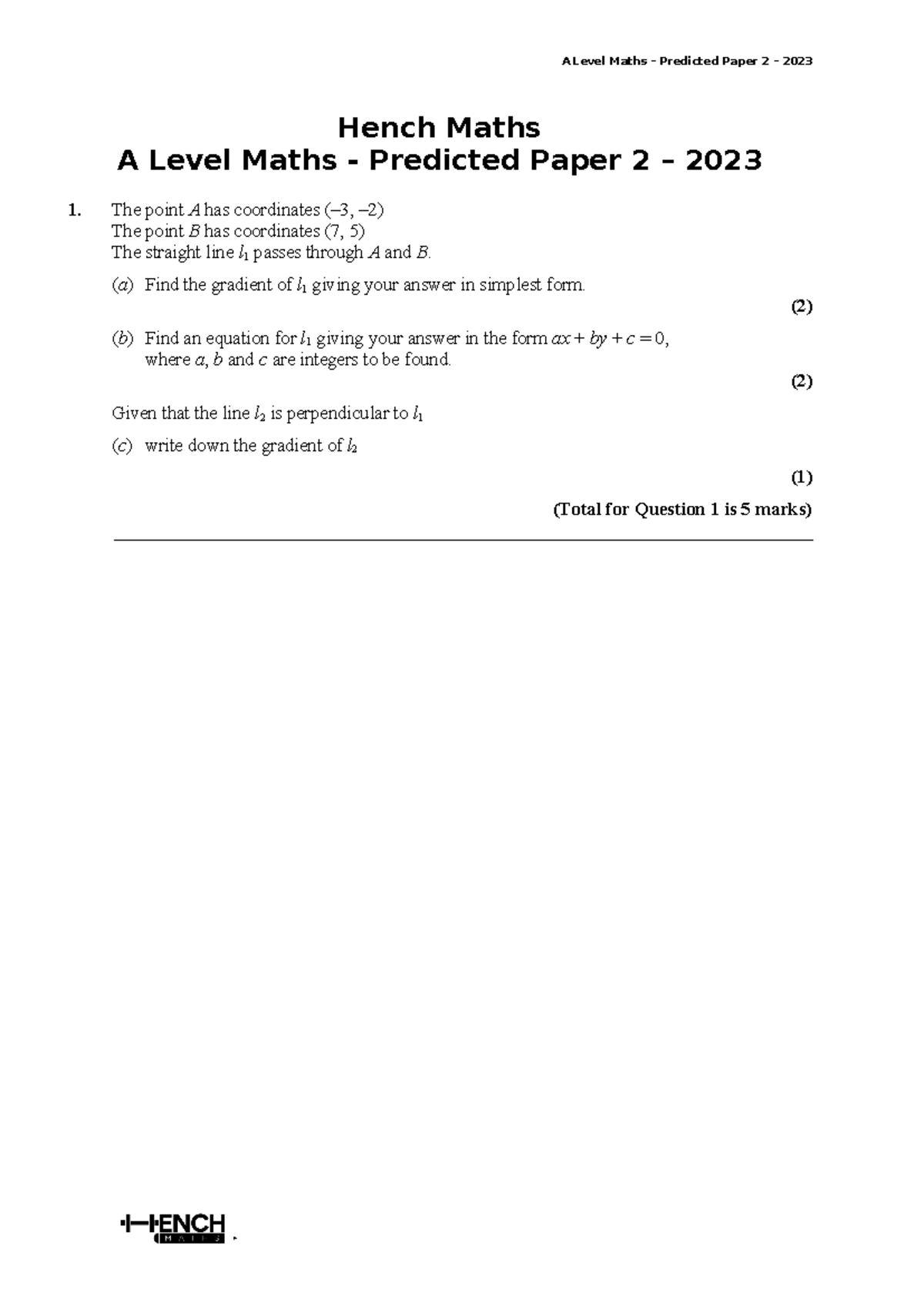Hench Maths 2023 Predicted Paper 2 Edxcel A level Maths - Hench Maths A ...