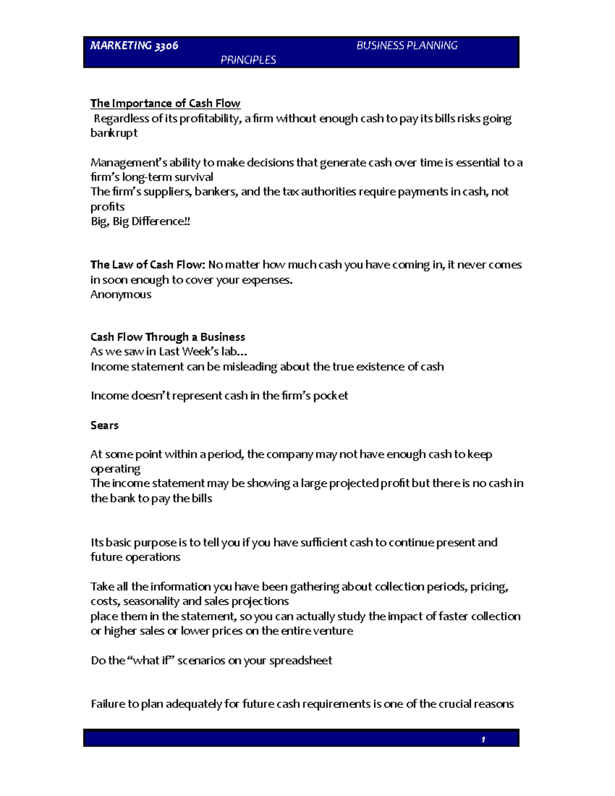 Bus Plan Week 9 Notes to Rick's lectures MARKETING 3306 BUSINESS