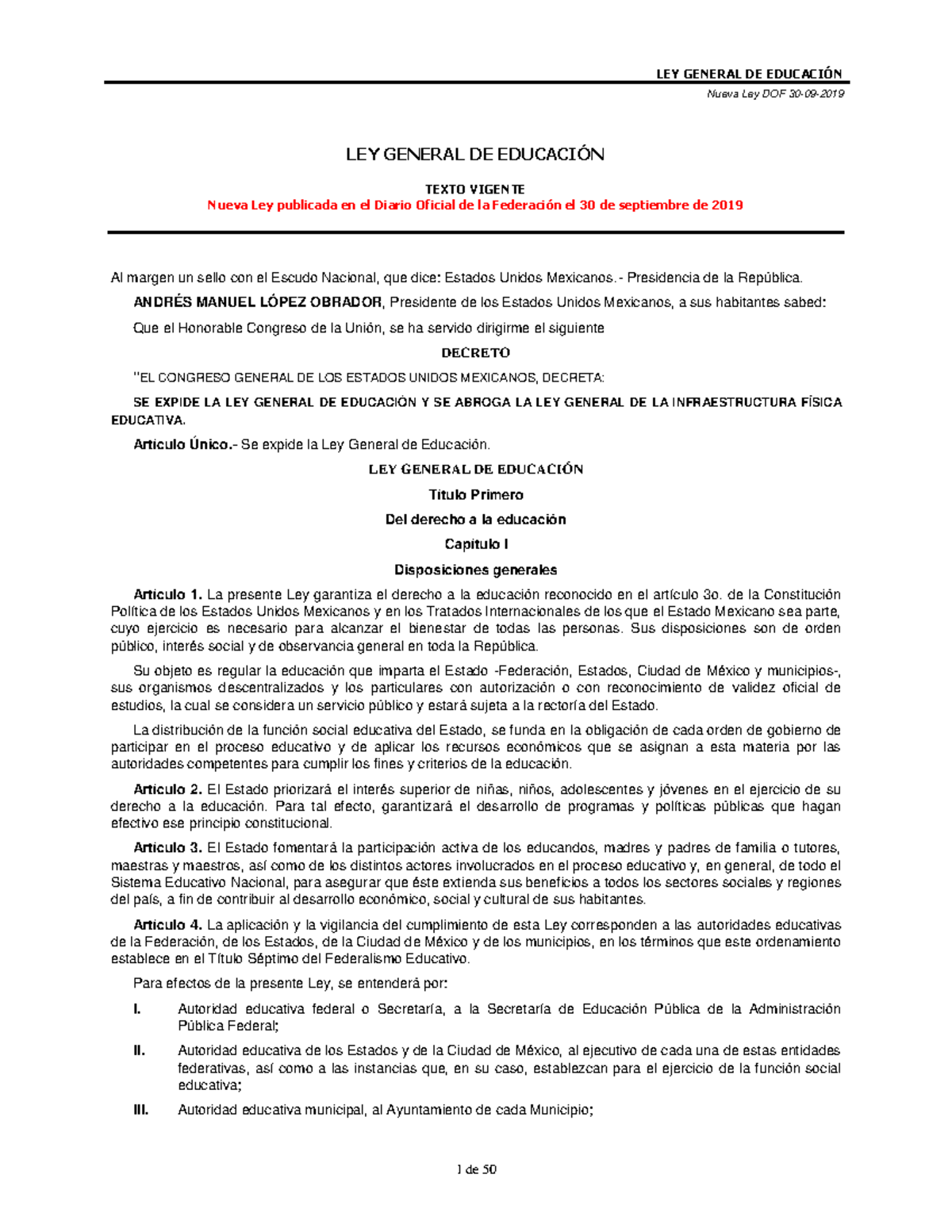 Ley general educacion 4t - Nueva Ley DOF 30-09- LEY GENERAL DE ...