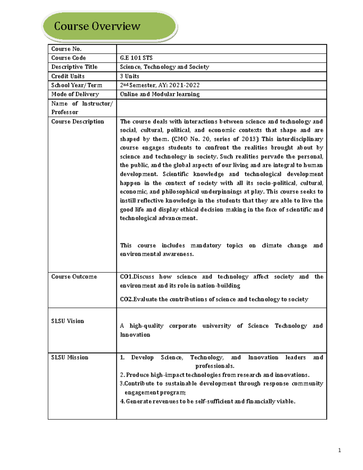 STS Module FOR Finals - Course No. Course Code G 101 STS Descriptive ...