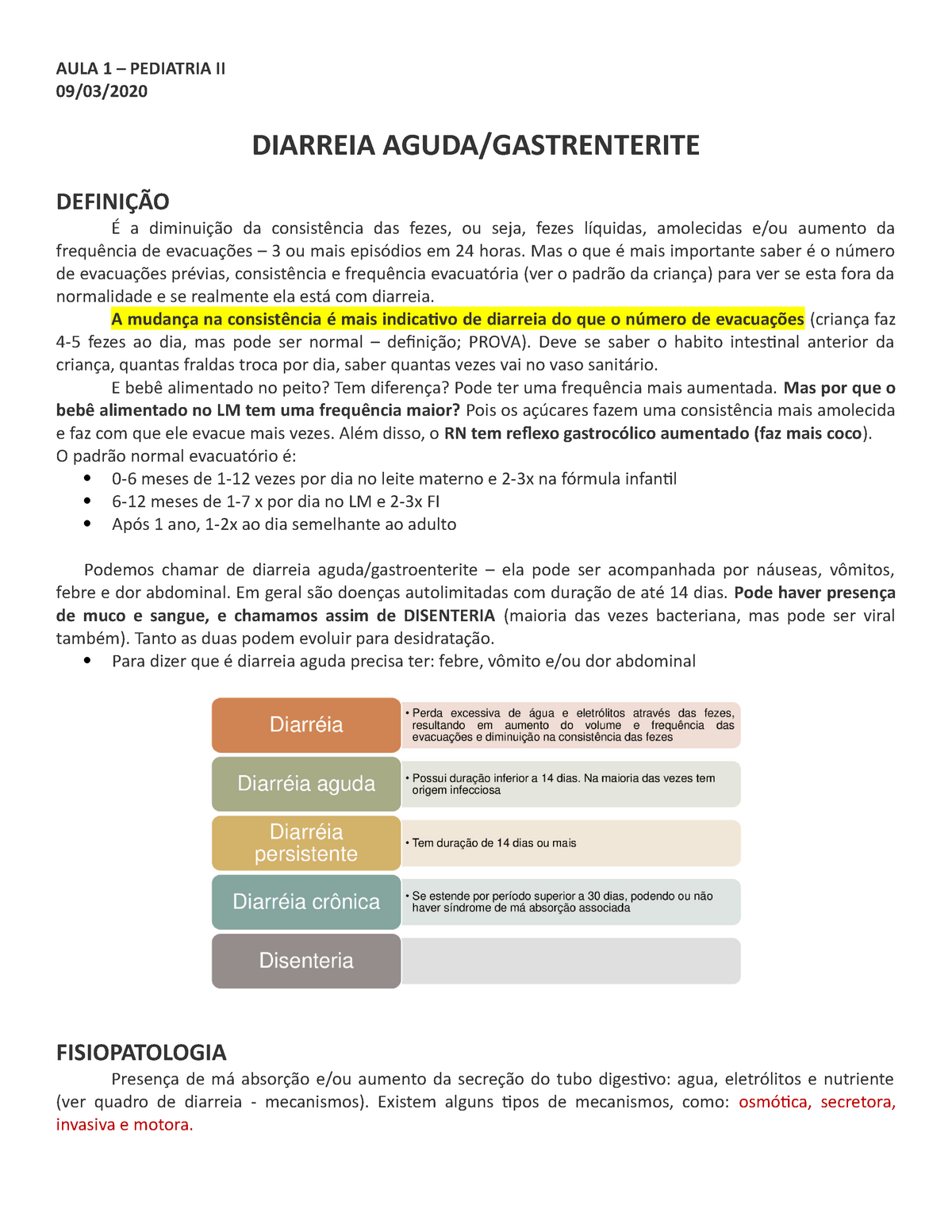 Diarreia Aguda Pediatria Aula 1 Pediatria Ii 09 03 Diarreia Aguda Gastrenterite Definicao E A Studocu