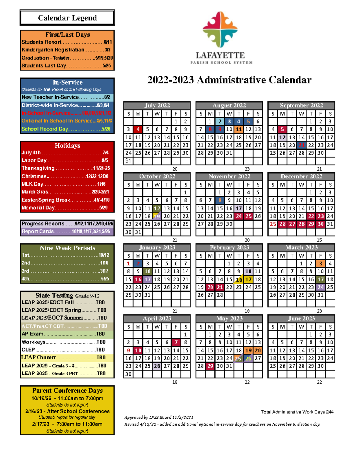 Adminstrative Calendar Fy2022-2023, Approved By Board 4-13-22 