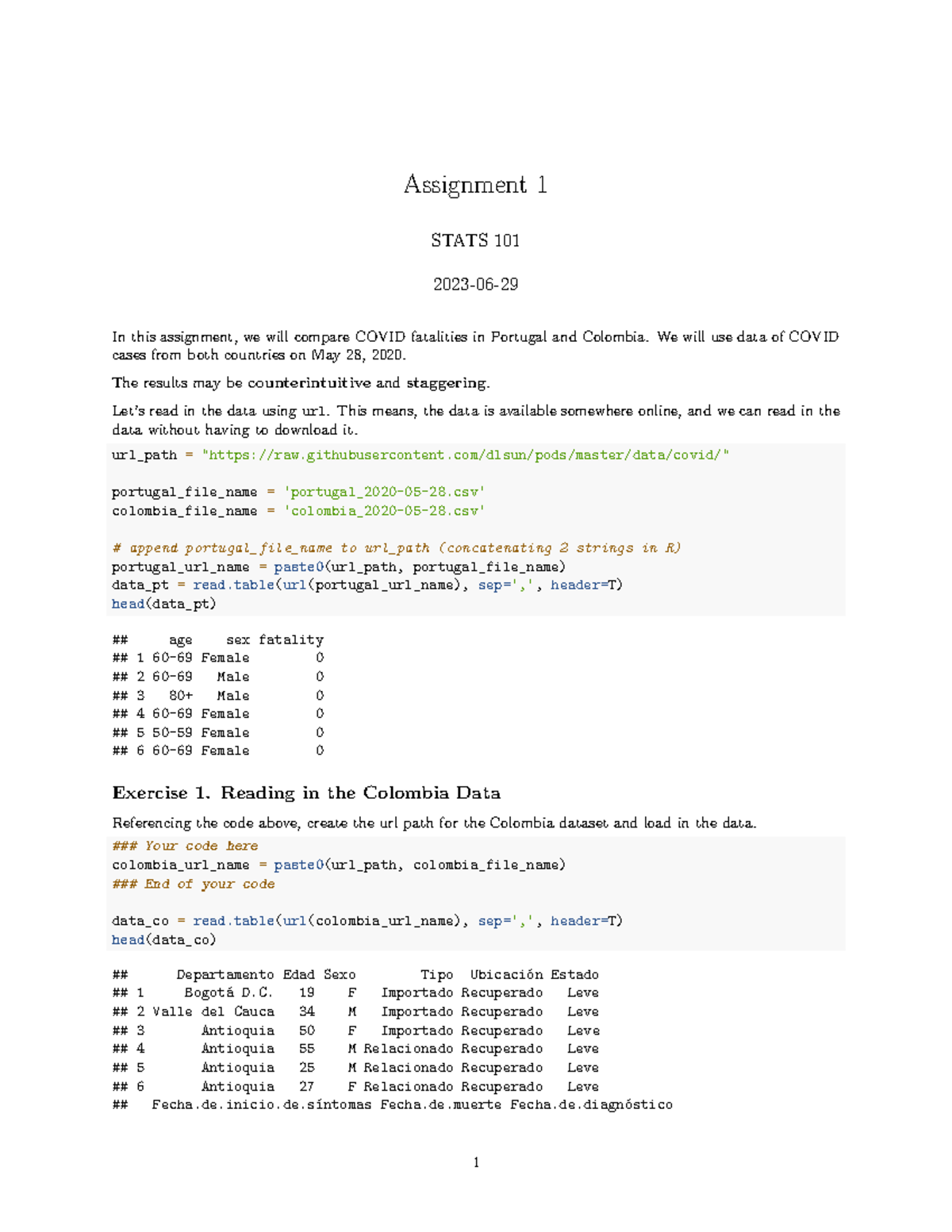 Assign 1 sol - Data science - Assignment 1 STATS 101 2023-06- In this ...