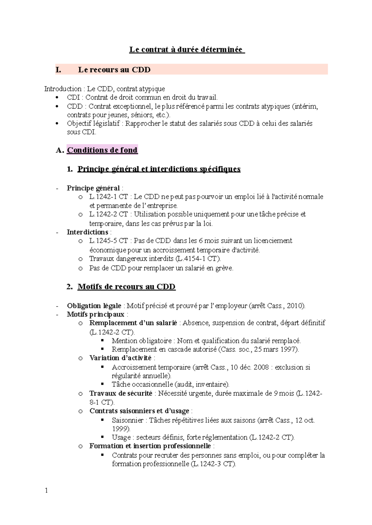 4. Le contrat à durée déterminée - Le contrat à durée déterminée I. Le ...