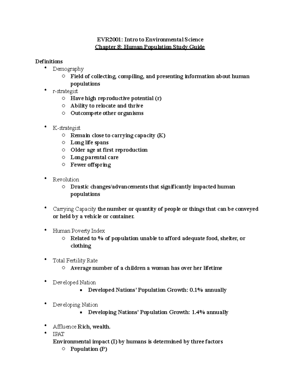 Lecture 08 Human Population Study Guide 2 - EVR2001: Intro to ...