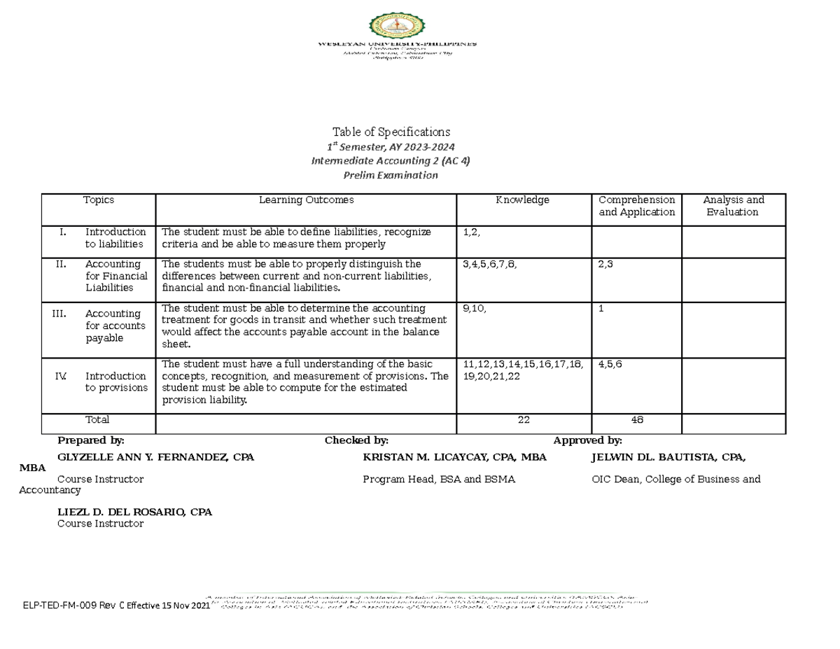 Inbound 1155341521578872862 - Table of Specifications 1 st Semester, AY ...