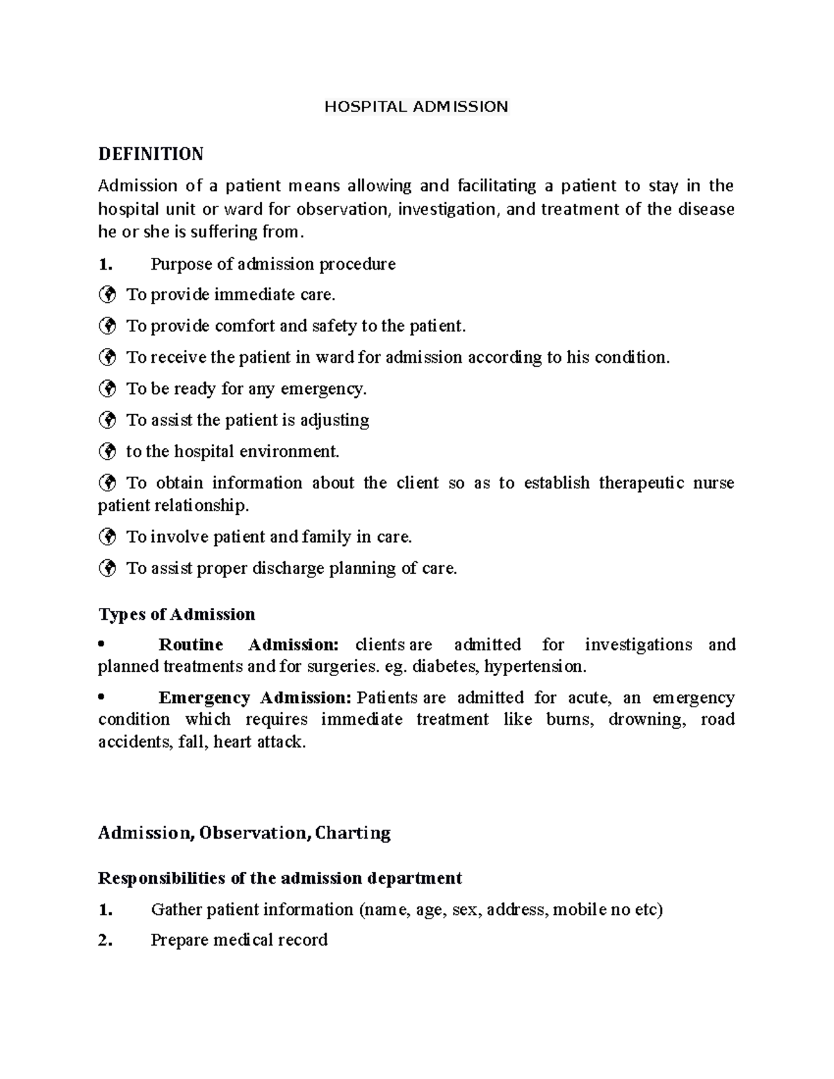 Hospital Admission Procedure includes preparation of admitting patient ...