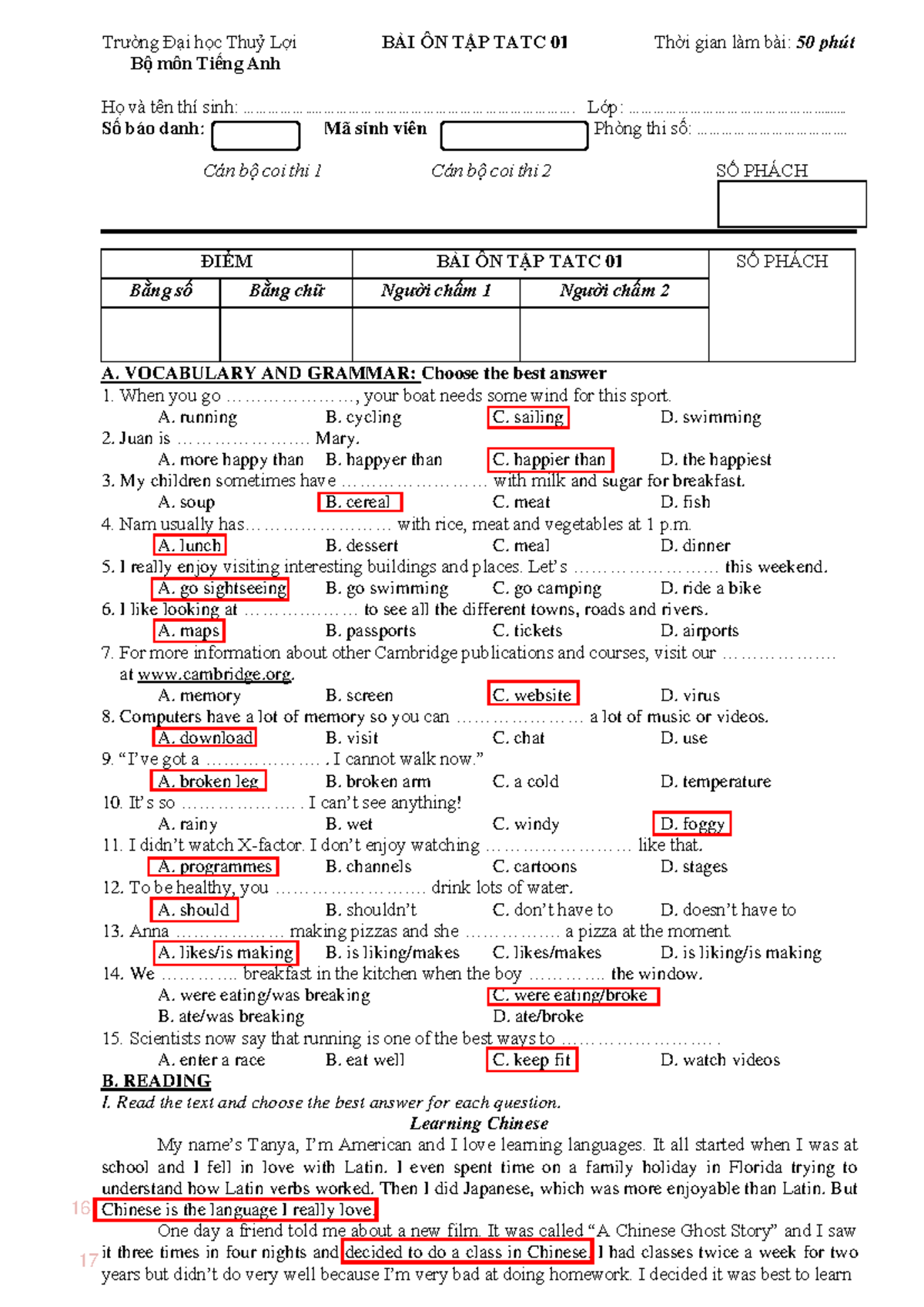 1. key TATC-Final Test 1 - Trường Đại học Thuỷ Lợi Bộ môn Tiếng Anh BÀI ...