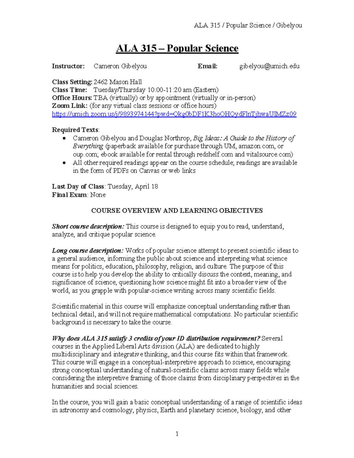 ALA 315 - W23 Syllabus - ALA 315 – Popular Science Instructor: Cameron ...