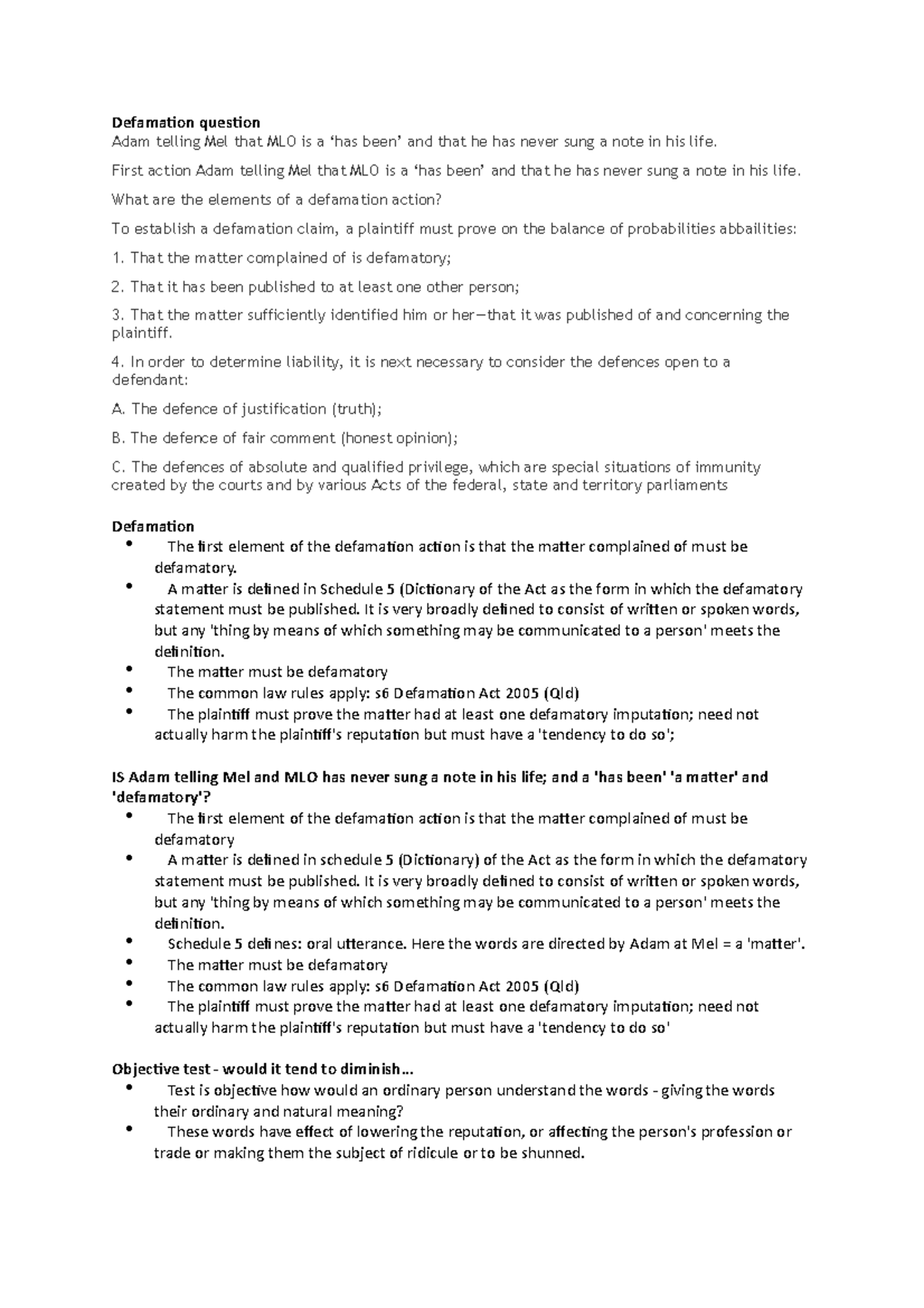 Tutorial 9 - defamation - Defamation question Adam telling Mel that MLO ...