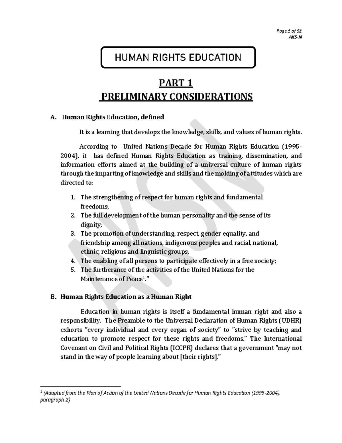 Human Rights Education Notes - AKS-N PART 1 PRELIMINARY CONSIDERATIONS ...