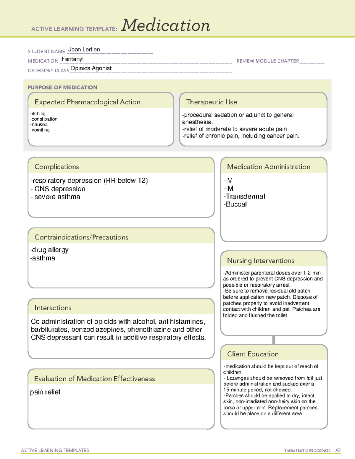 Fentanyl - ACTIVE LEARNING TEMPLATES TherapeuTic procedure A Medication ...