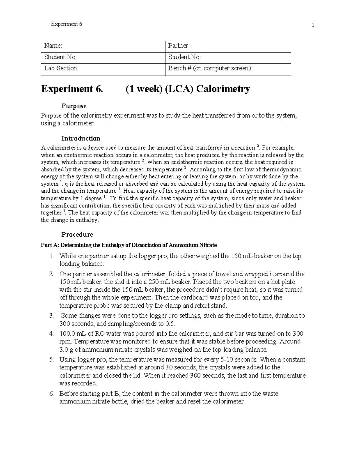 Lab report-CHEM 112A-Calorimetry - Name: Partner: Student No: Student ...