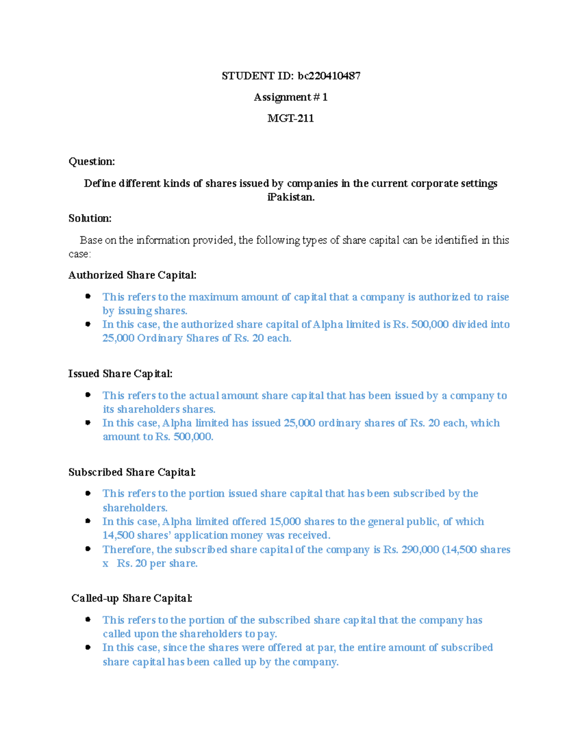 Mgt211 Assignment 1 - STUDENT ID: Bc Assignment # 1 MGT- Question ...