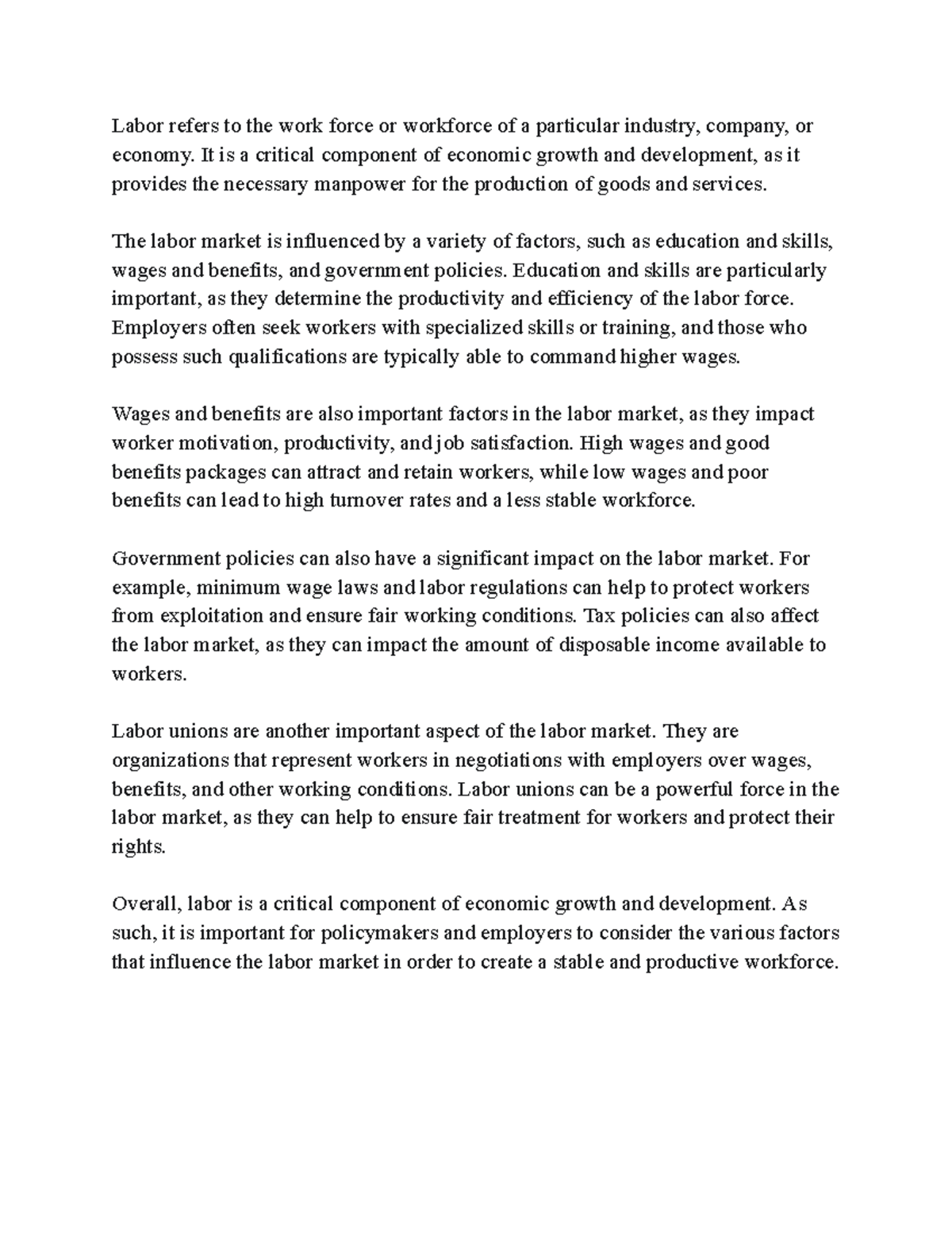 Ap Macroeconomics Notes Labor Labor Refers To The Work Force Or