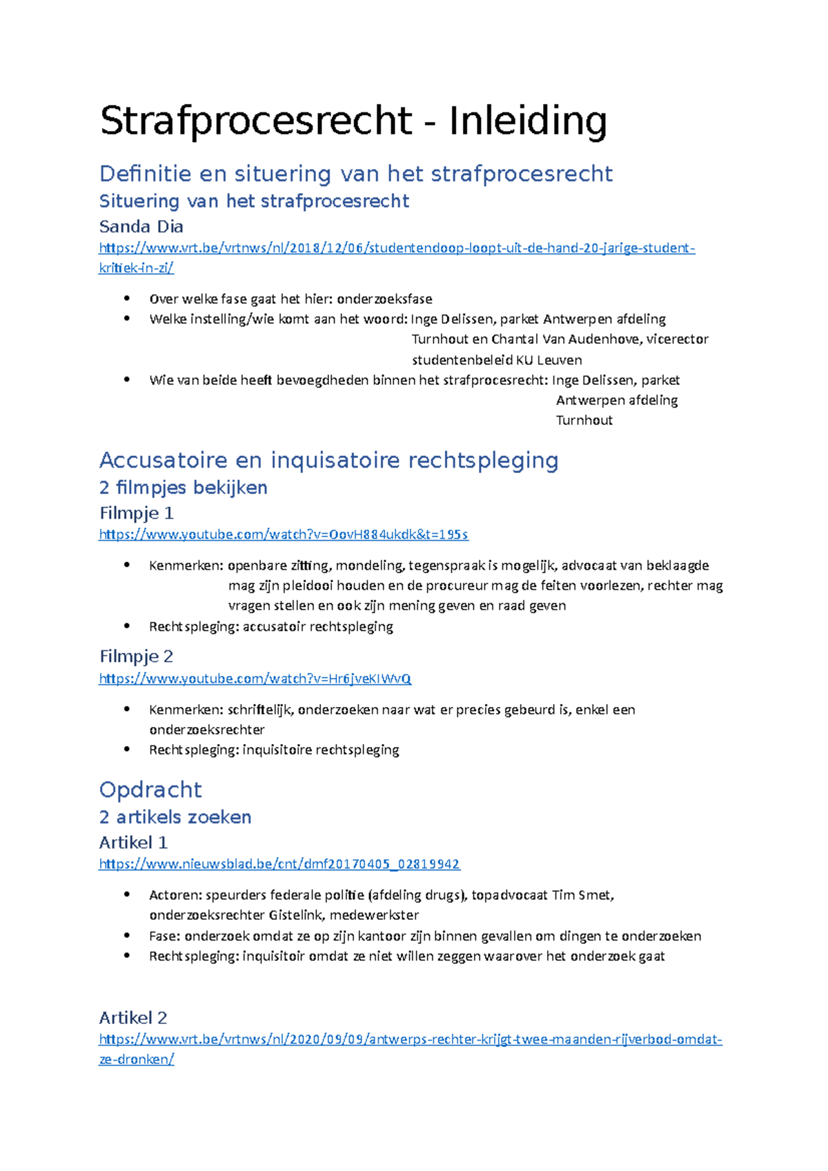 Oplossingen Opdrachten Week 1 - Strafprocesrecht - Inleiding Definitie ...