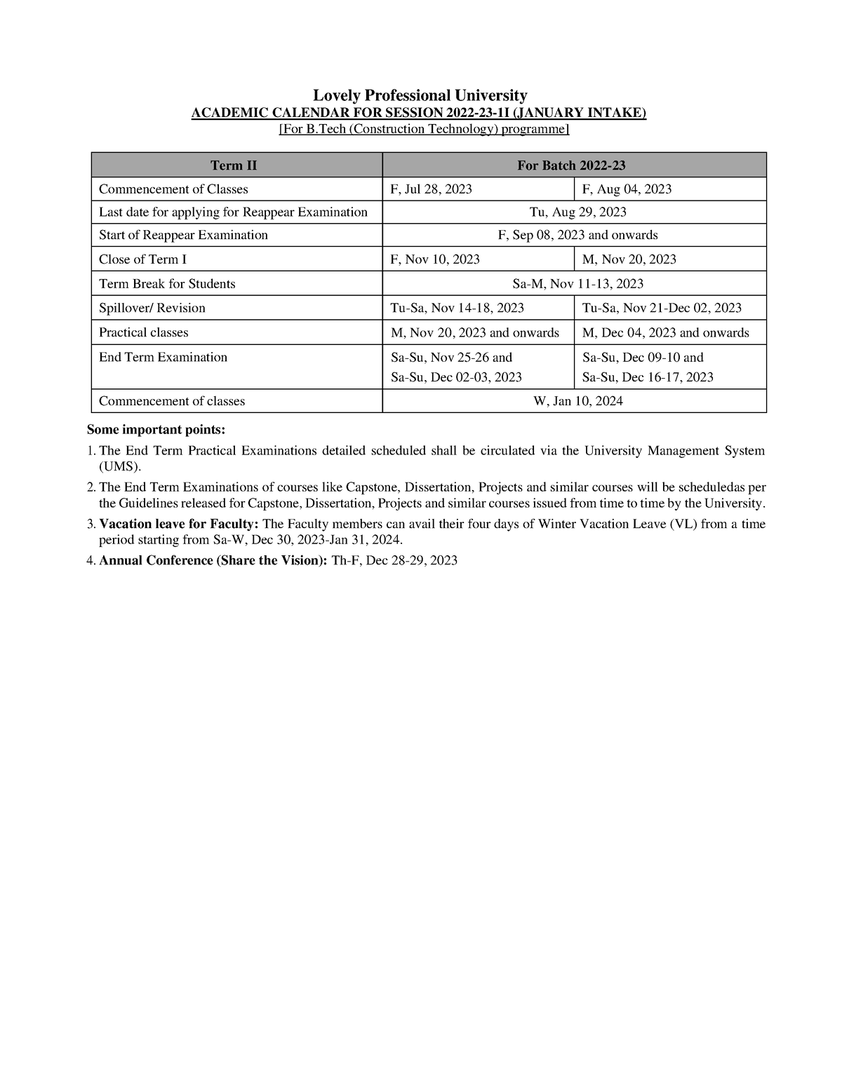 Academic Calendar for B.Tech (Construction Technology) Lovely