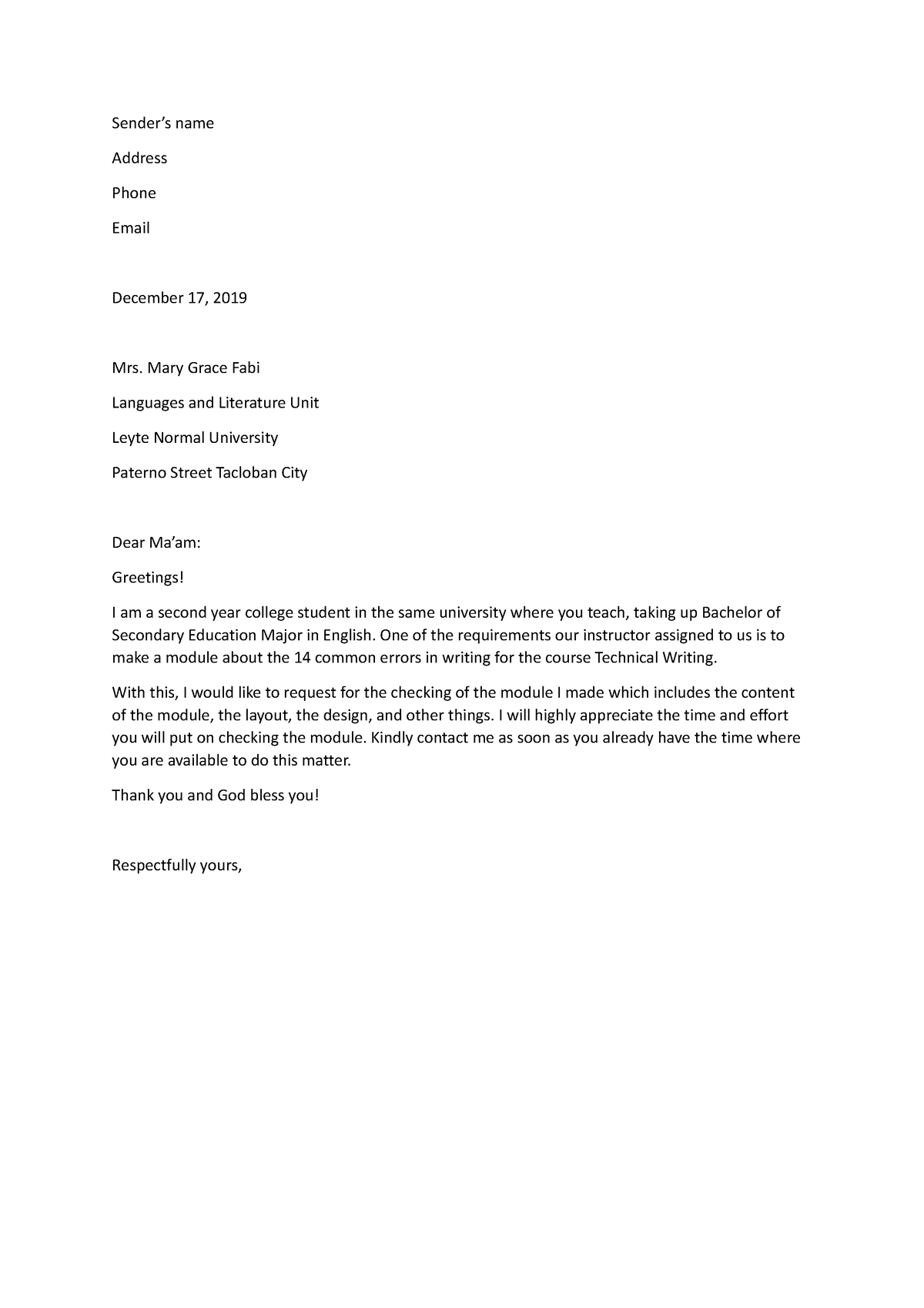 Letter OF Request - Sender’s name Address Phone Email December 17, 2019 ...