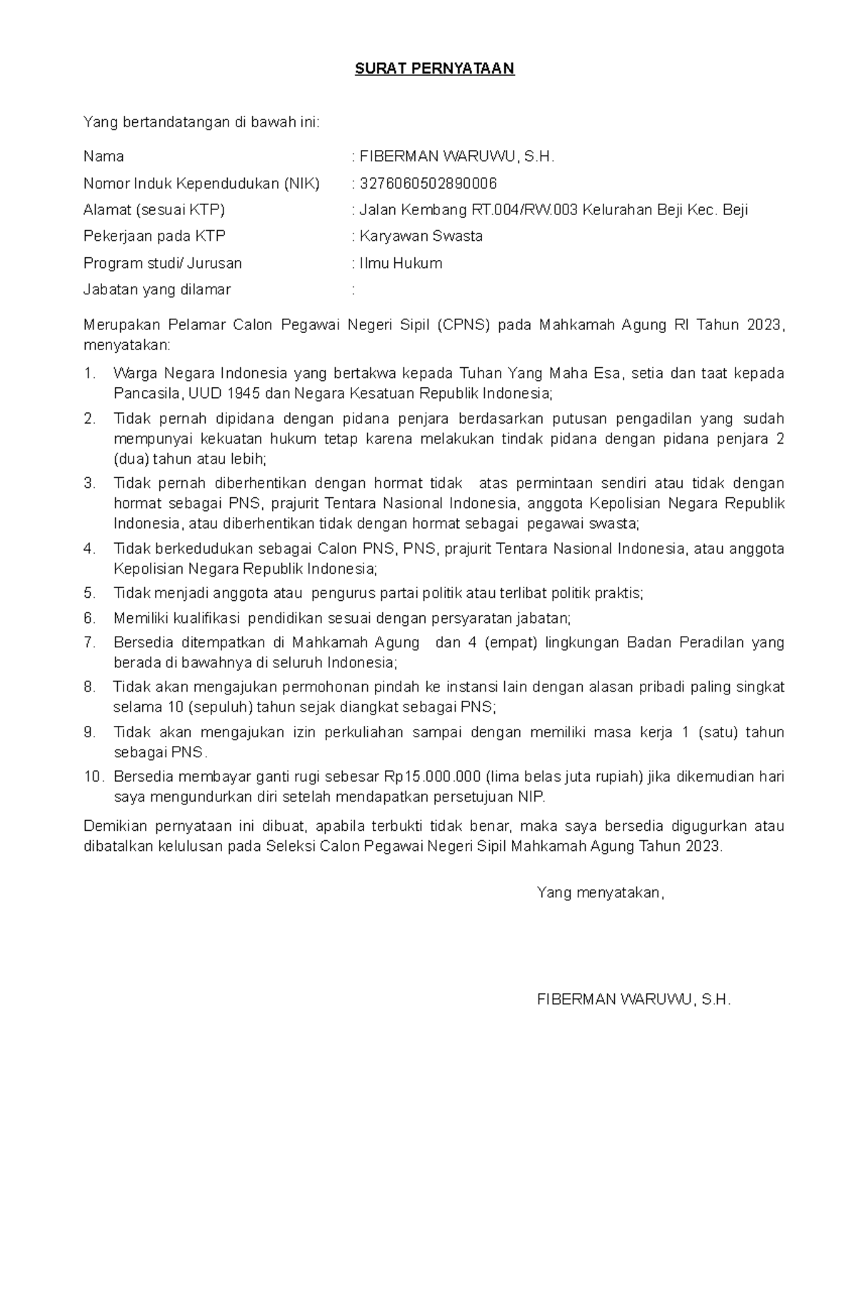 Lampiran III Surat Pernyataan CPNS 2023 fix - SURAT PERNYATAAN Yang
