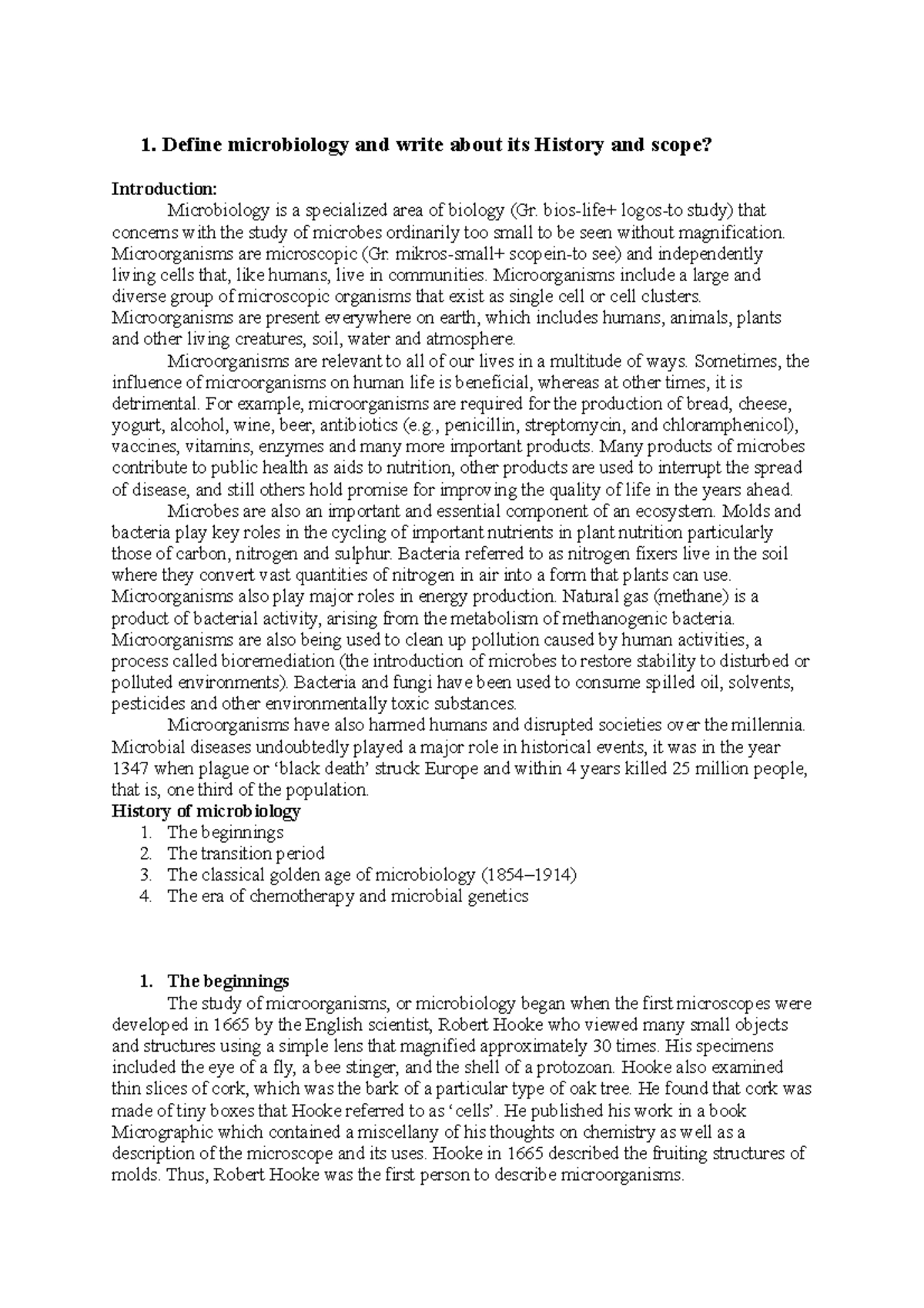 History And Scope Of Microbiology 1 Define Microbiology And Write 