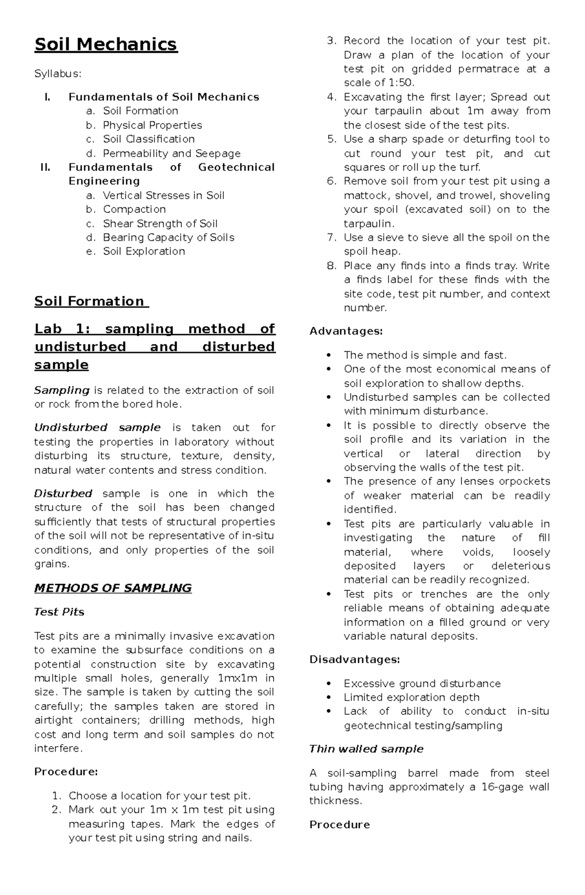 CESM LABORATORY - NOTES - Soil Mechanics Syllabus: I. Fundamentals of ...