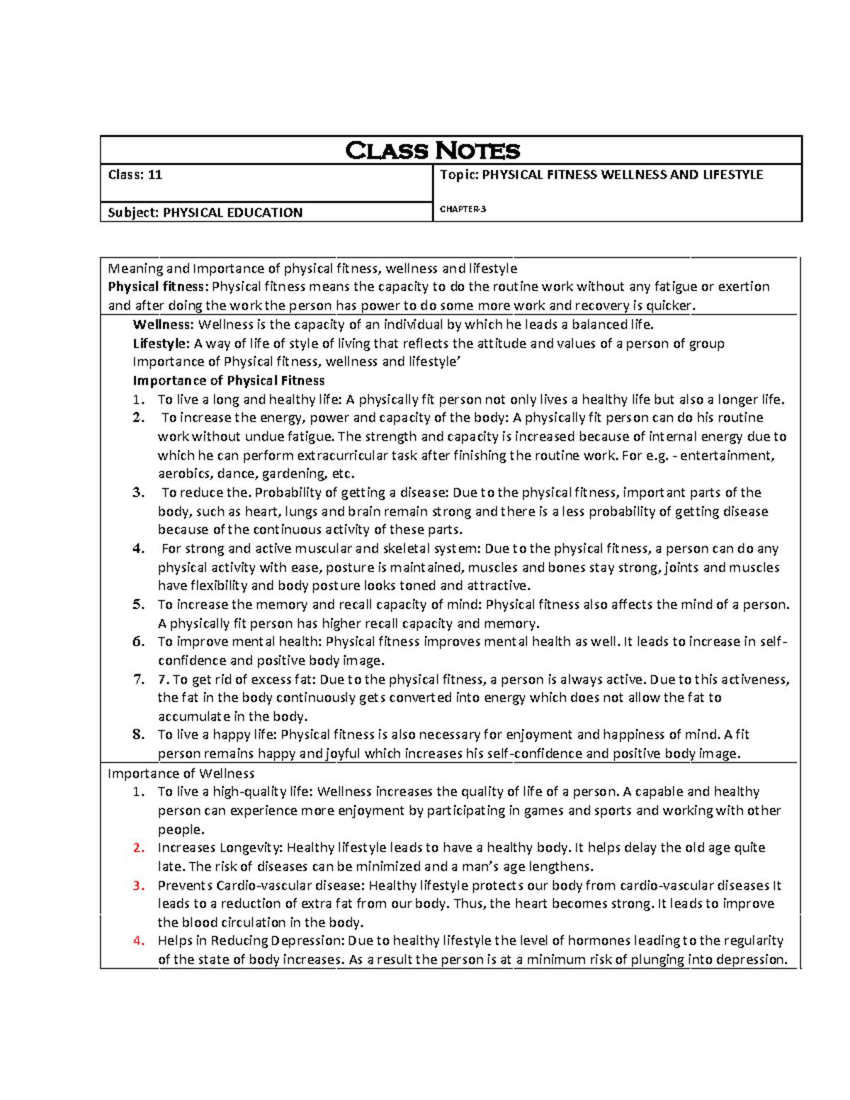 11-PE - Class Notes Class: 11 Topic: PHYSICAL FITNESS WELLNESS AND ...