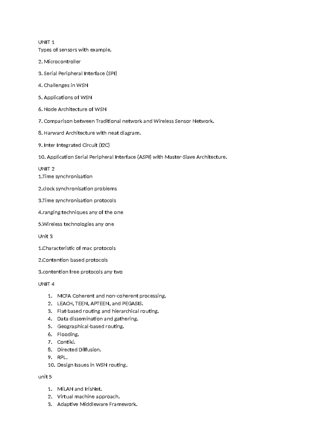 Wsn imp ques - Important questions - UNIT 1 Types of sensors with ...